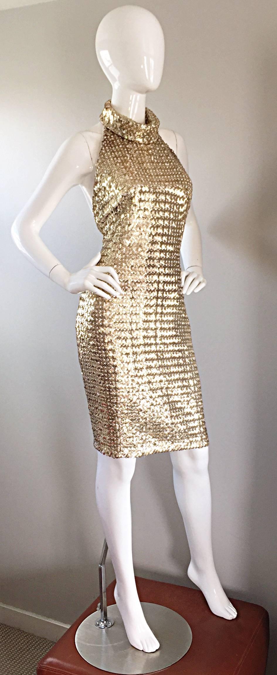 Women's Incredible 1960s Joseph Magnin Gold Sequin Vintage 60s Open Back Wiggle Dress