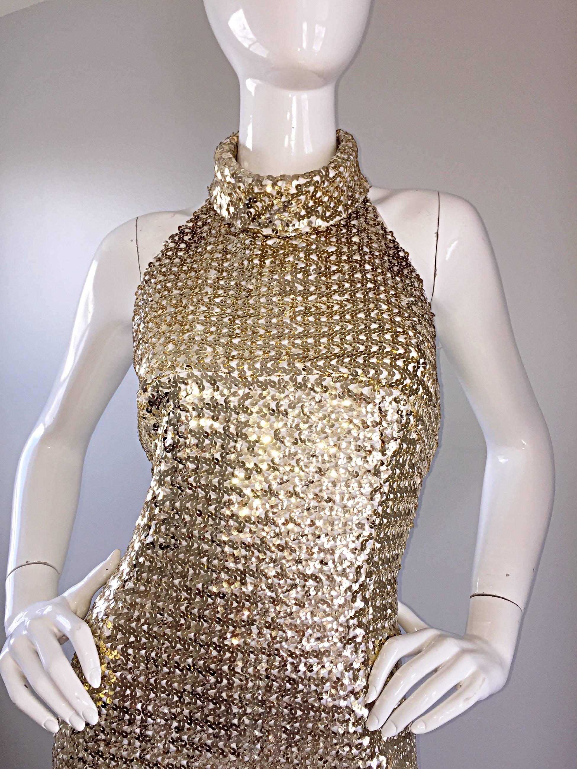Incredible 1960s Joseph Magnin Gold Sequin Vintage 60s Open Back Wiggle Dress In Excellent Condition In San Diego, CA