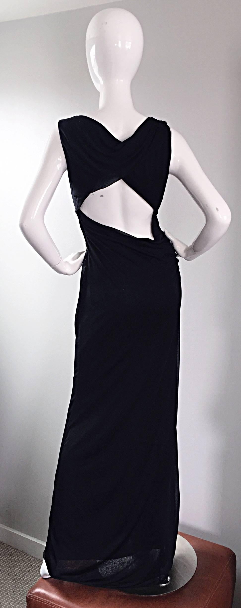 Richard Tyler Couture Vintage Black Jersey Beaded Cut - Out Back Sexy Gown Dress 2