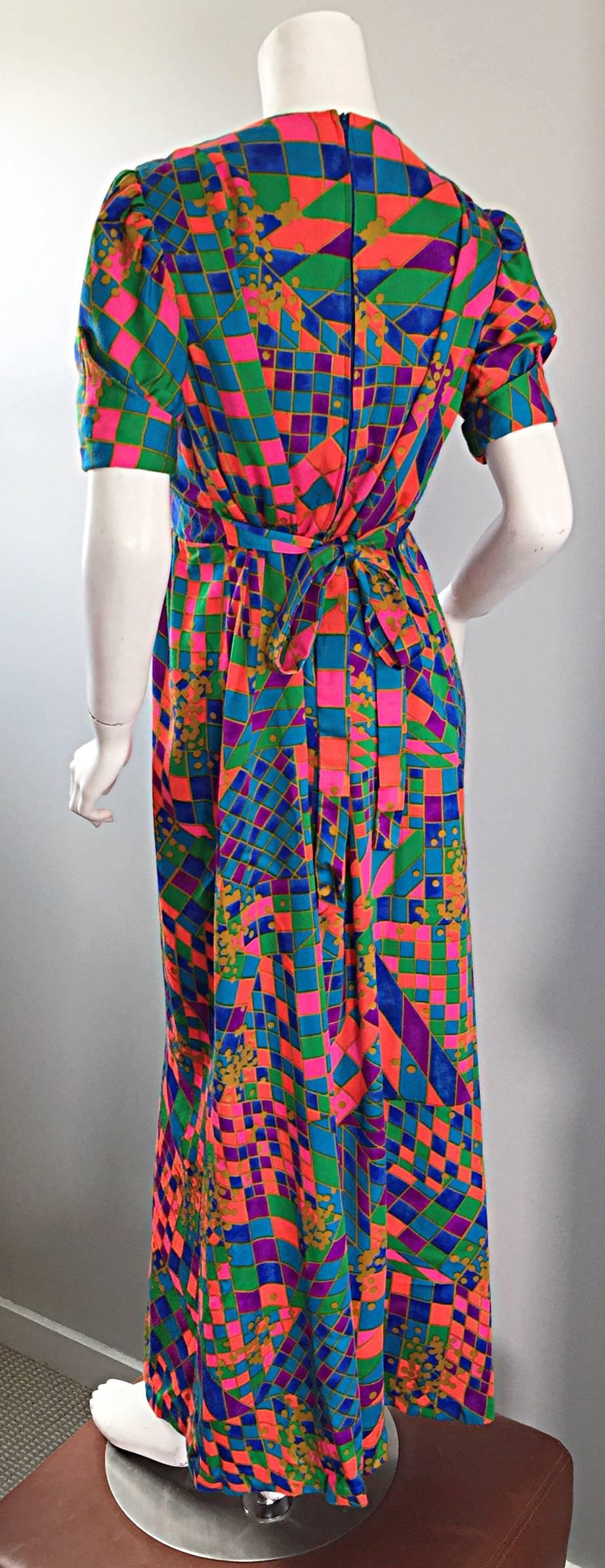 Rare 1970s ' Dear ' Designer Colorful Abstract Geometric Op - Art 70s Maxi Dress 2