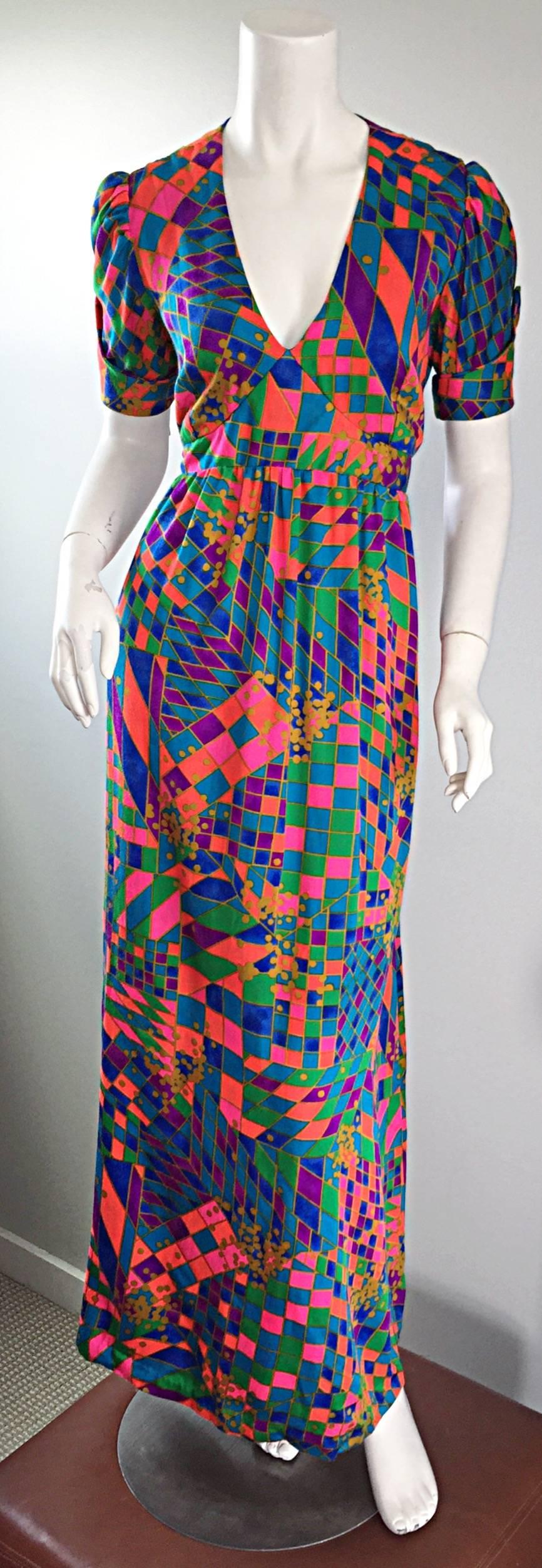 Rare 1970s ' Dear ' Designer Colorful Abstract Geometric Op - Art 70s Maxi Dress 4