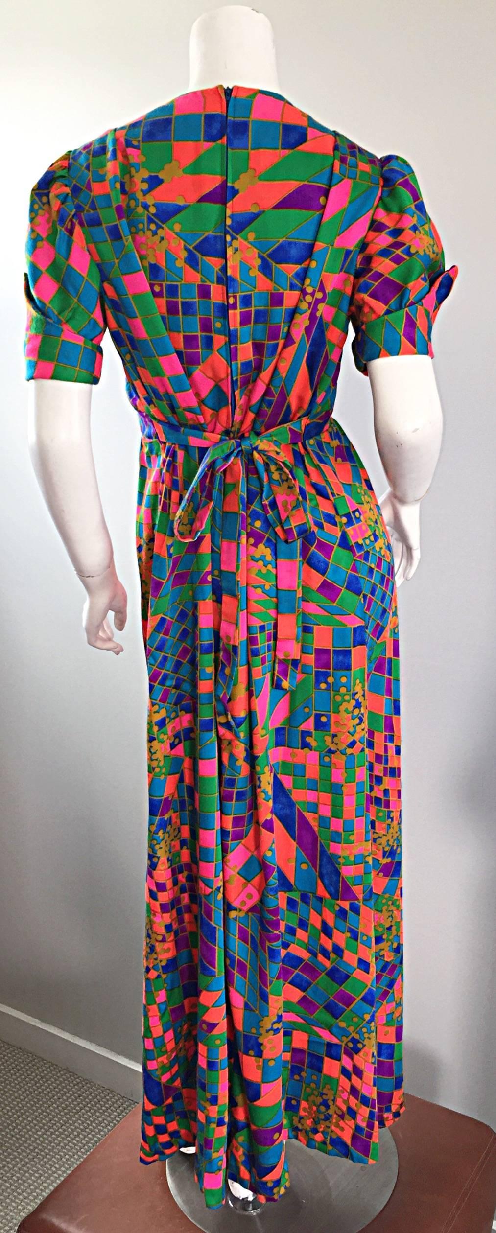Rare 1970s ' Dear ' Designer Colorful Abstract Geometric Op - Art 70s Maxi Dress 1