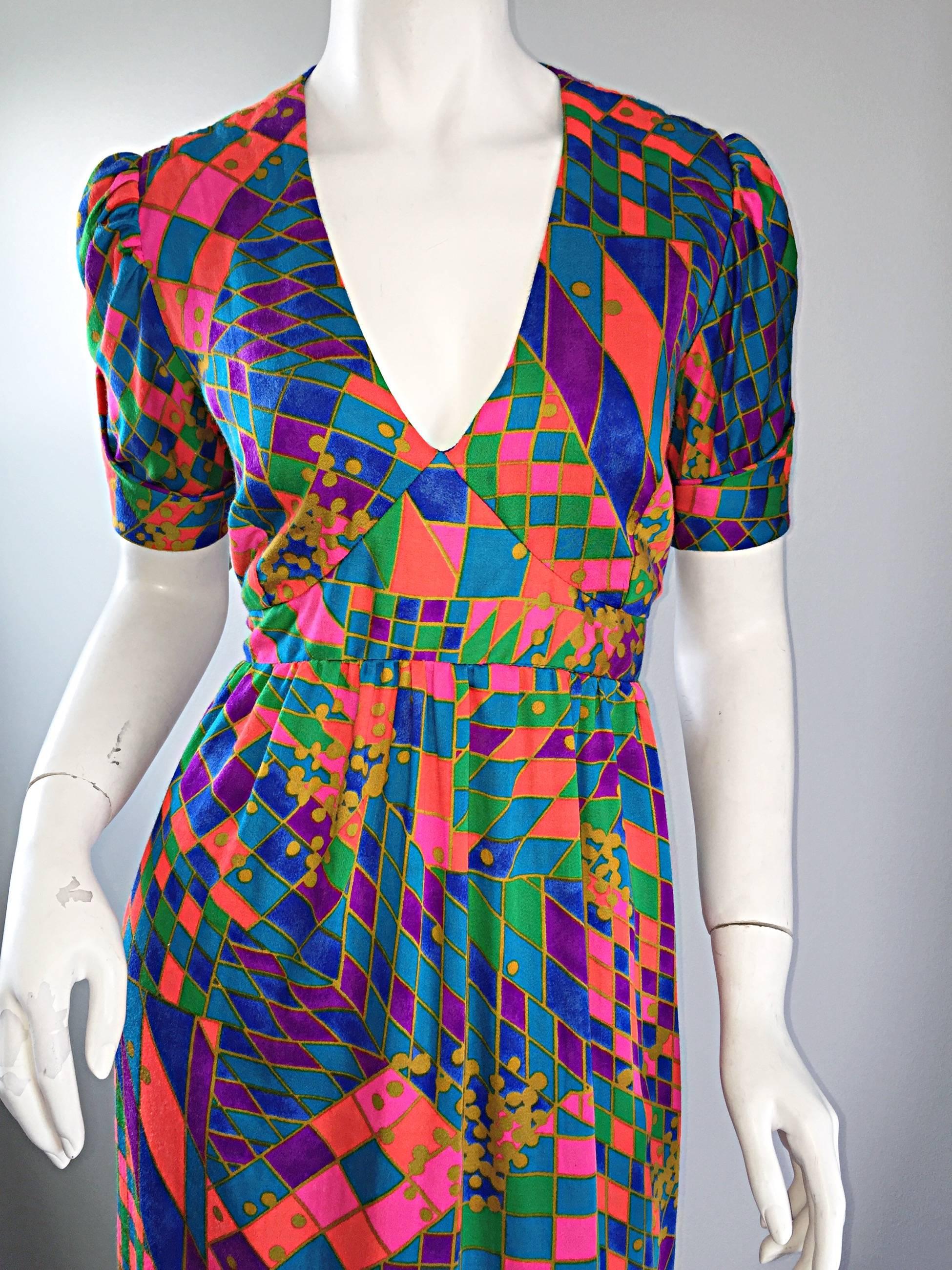 Purple Rare 1970s ' Dear ' Designer Colorful Abstract Geometric Op - Art 70s Maxi Dress