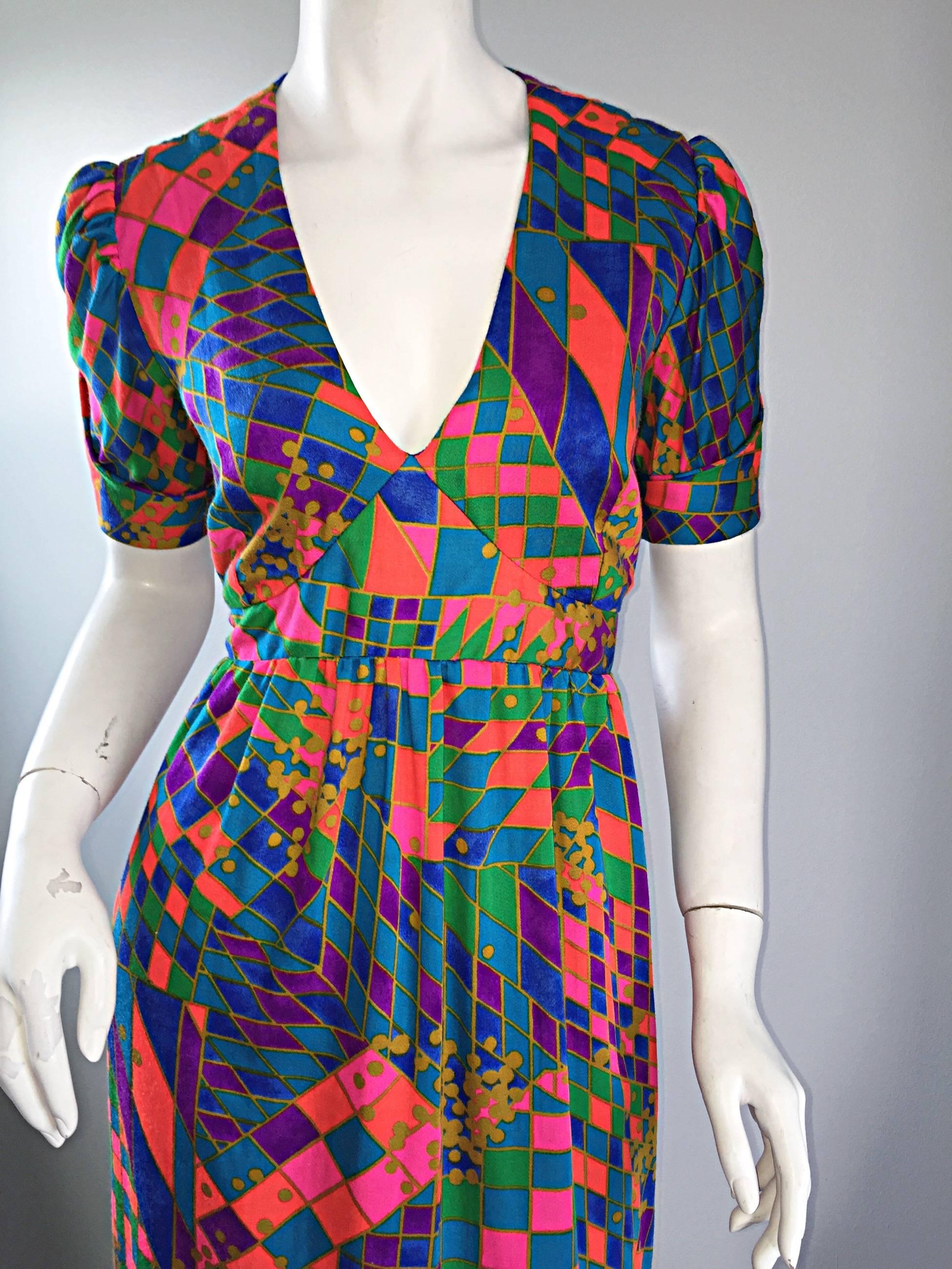 Rare 1970s ' Dear ' Designer Colorful Abstract Geometric Op - Art 70s Maxi Dress 3