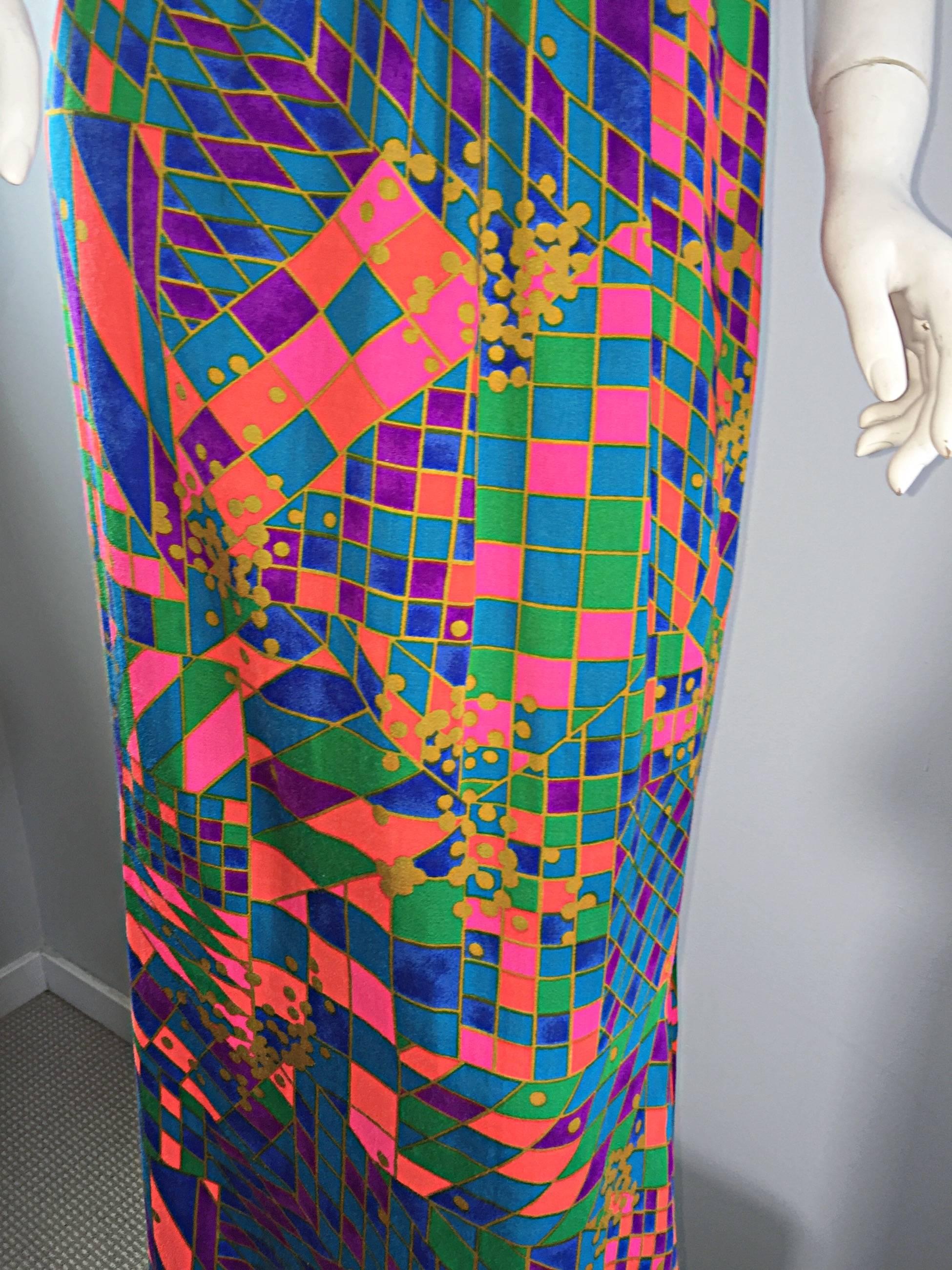 Women's Rare 1970s ' Dear ' Designer Colorful Abstract Geometric Op - Art 70s Maxi Dress