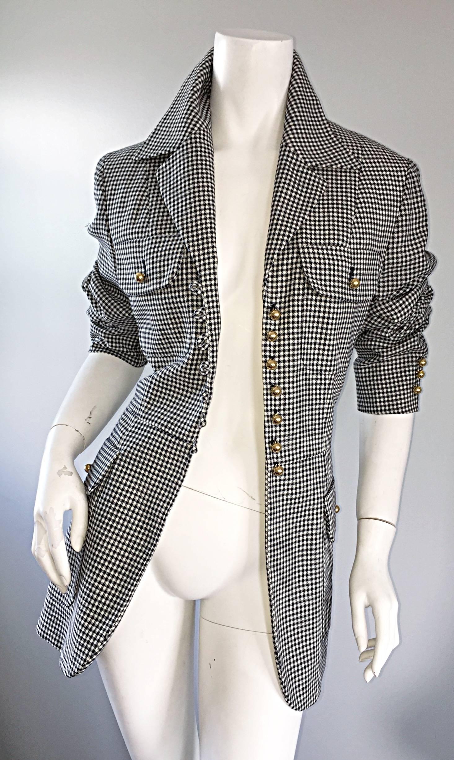 Moschino ' Cheap & Chic ' 1990s Black + White Houndstooth Military Safari Blazer In Excellent Condition In San Diego, CA
