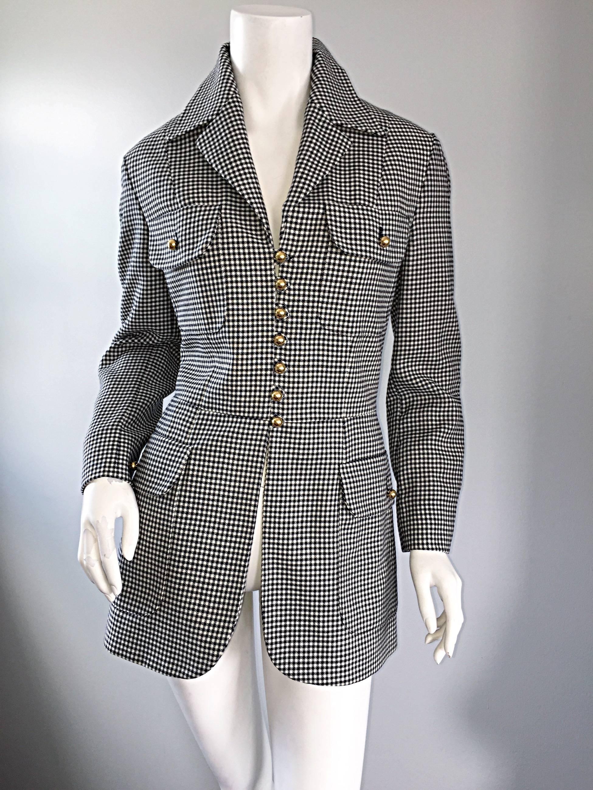 Moschino ' Cheap & Chic ' 1990s Black + White Houndstooth Military Safari Blazer 5