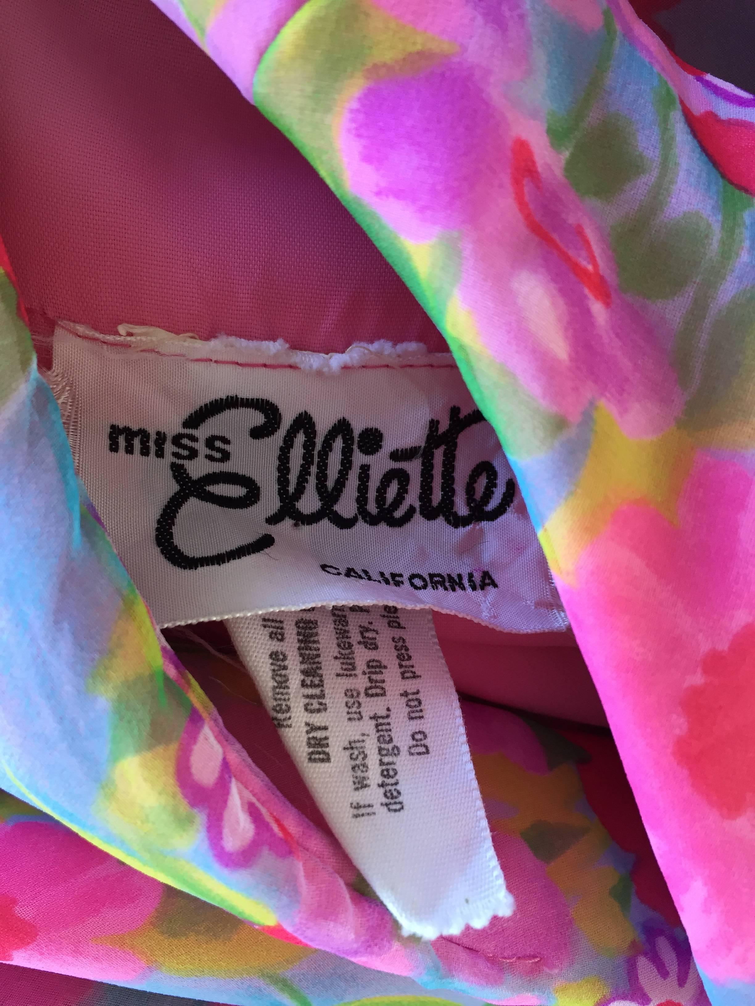 1970s Elliette Lewis Vintage Pink Chiffon Flower Print Belted Long Sleeve Dress 6