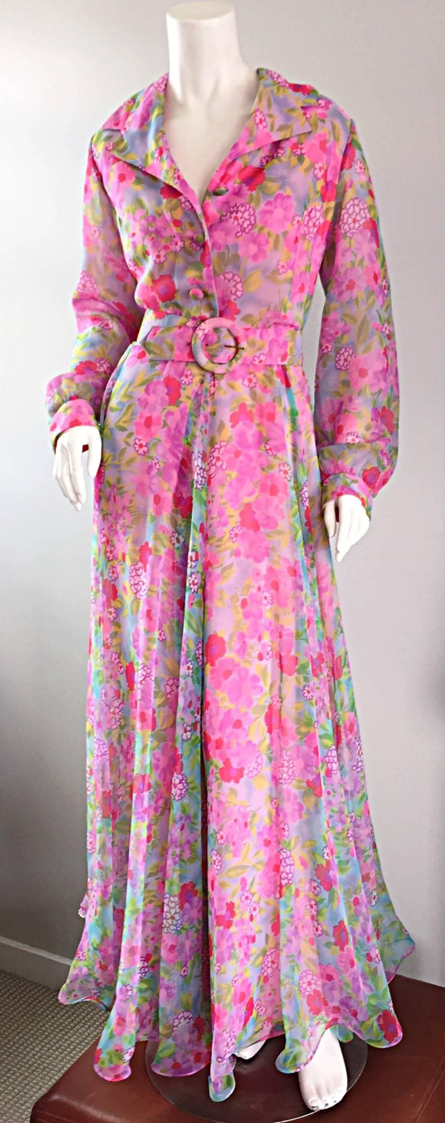 Gorgeous 70s ELLIETTE LEWIS (Miss Elliette) chiffon long sleeve belted maxi dress! Incredible floral print, with vibrant colors of purple, fuchsia, pink, green, and blue! Pictures do not even do this gem justice! Fitted chiffon bodice, with chiffon