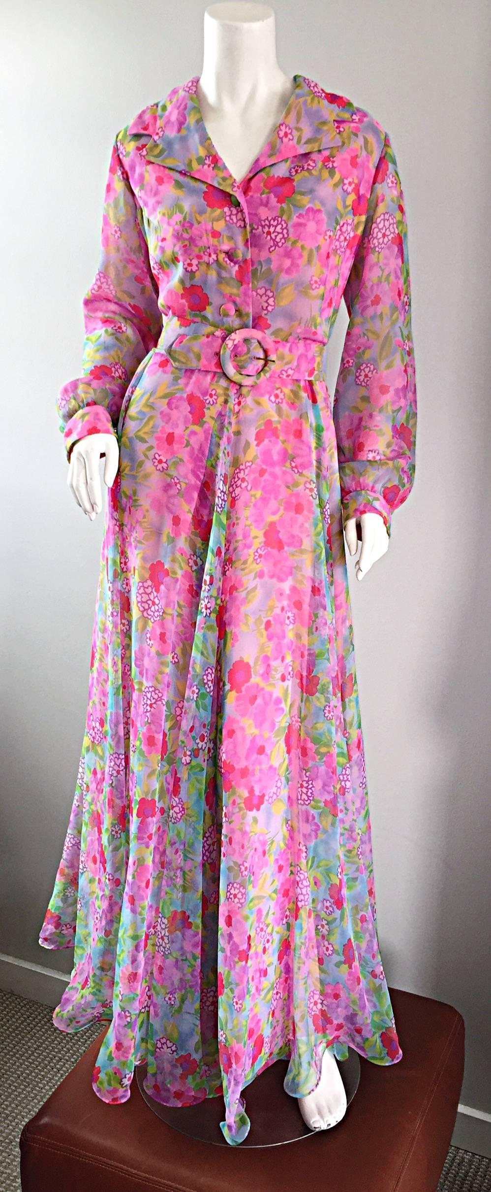 1970s Elliette Lewis Vintage Pink Chiffon Flower Print Belted Long Sleeve Dress 5