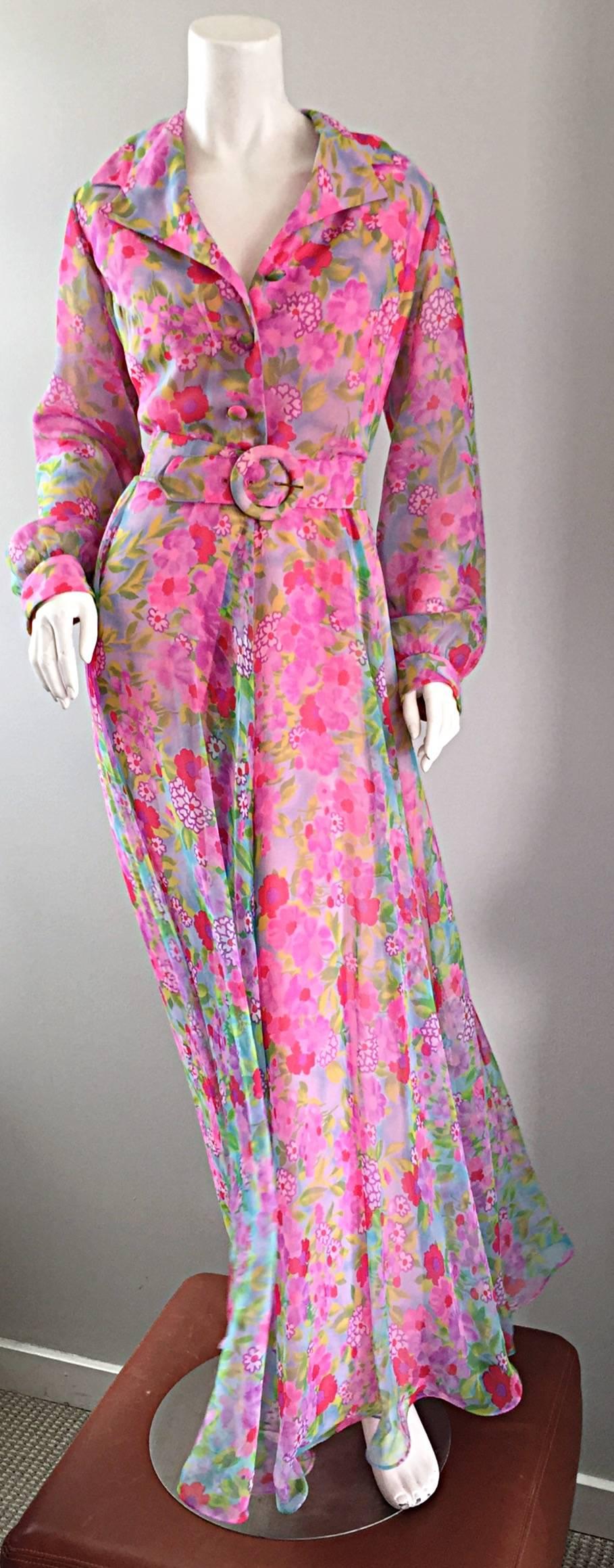 1970s Elliette Lewis Vintage Pink Chiffon Flower Print Belted Long Sleeve Dress 1