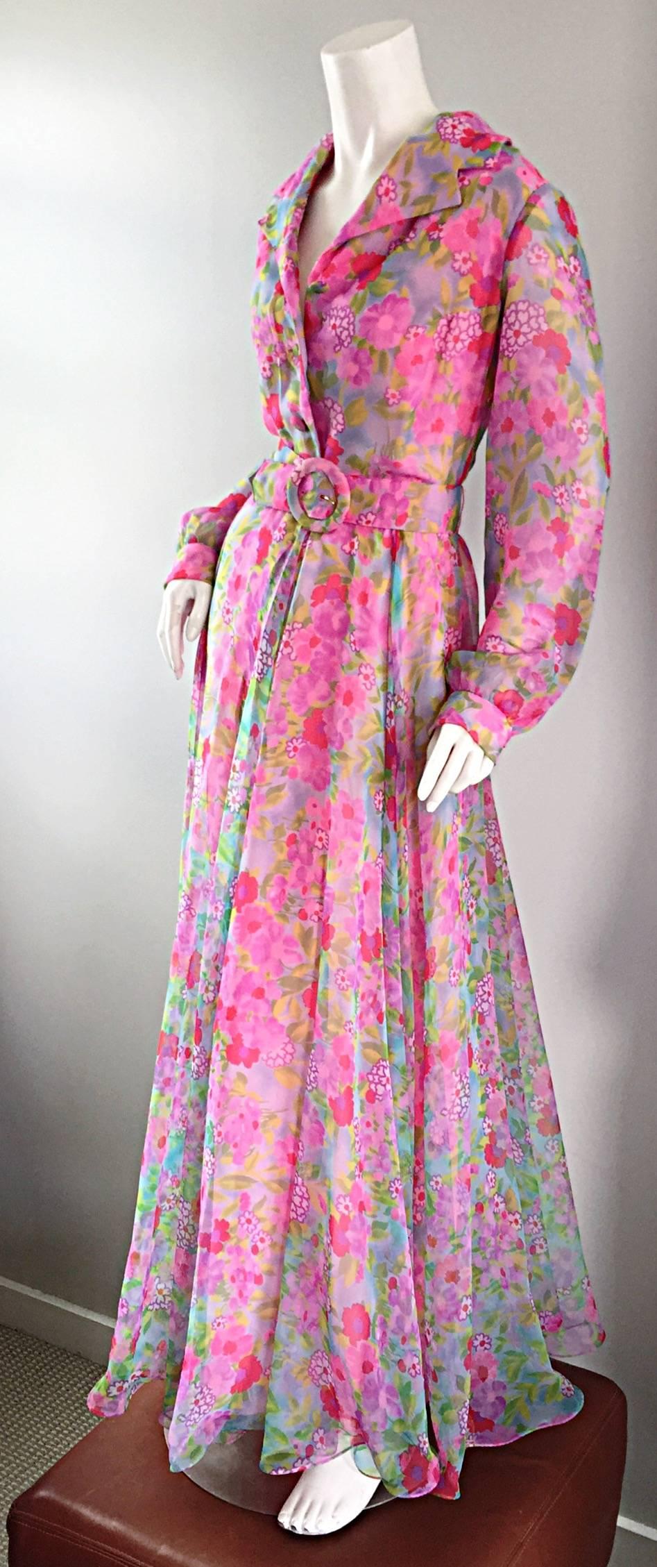 1970s Elliette Lewis Vintage Pink Chiffon Flower Print Belted Long Sleeve Dress In Excellent Condition In San Diego, CA