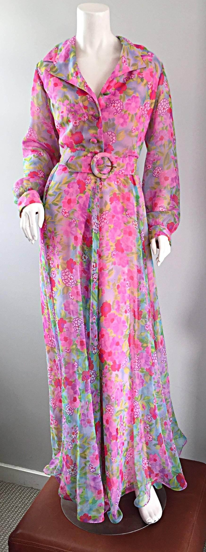 1970s Elliette Lewis Vintage Pink Chiffon Flower Print Belted Long Sleeve Dress 3