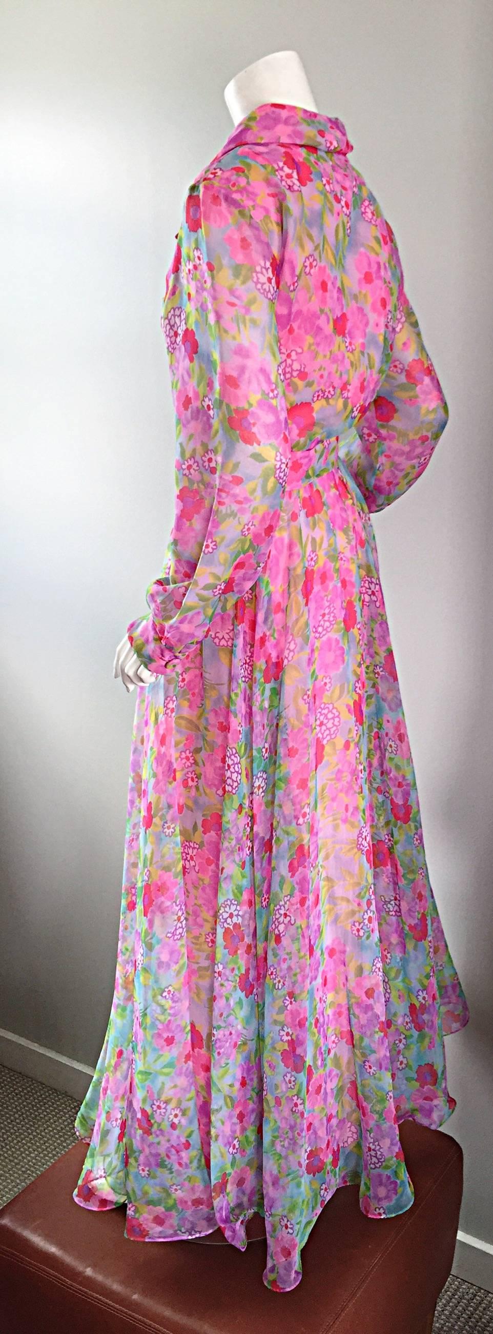 1970s Elliette Lewis Vintage Pink Chiffon Flower Print Belted Long Sleeve Dress 4