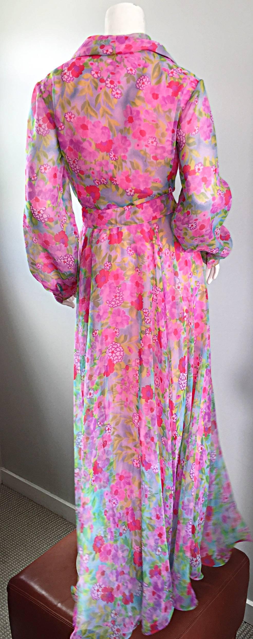 Women's 1970s Elliette Lewis Vintage Pink Chiffon Flower Print Belted Long Sleeve Dress