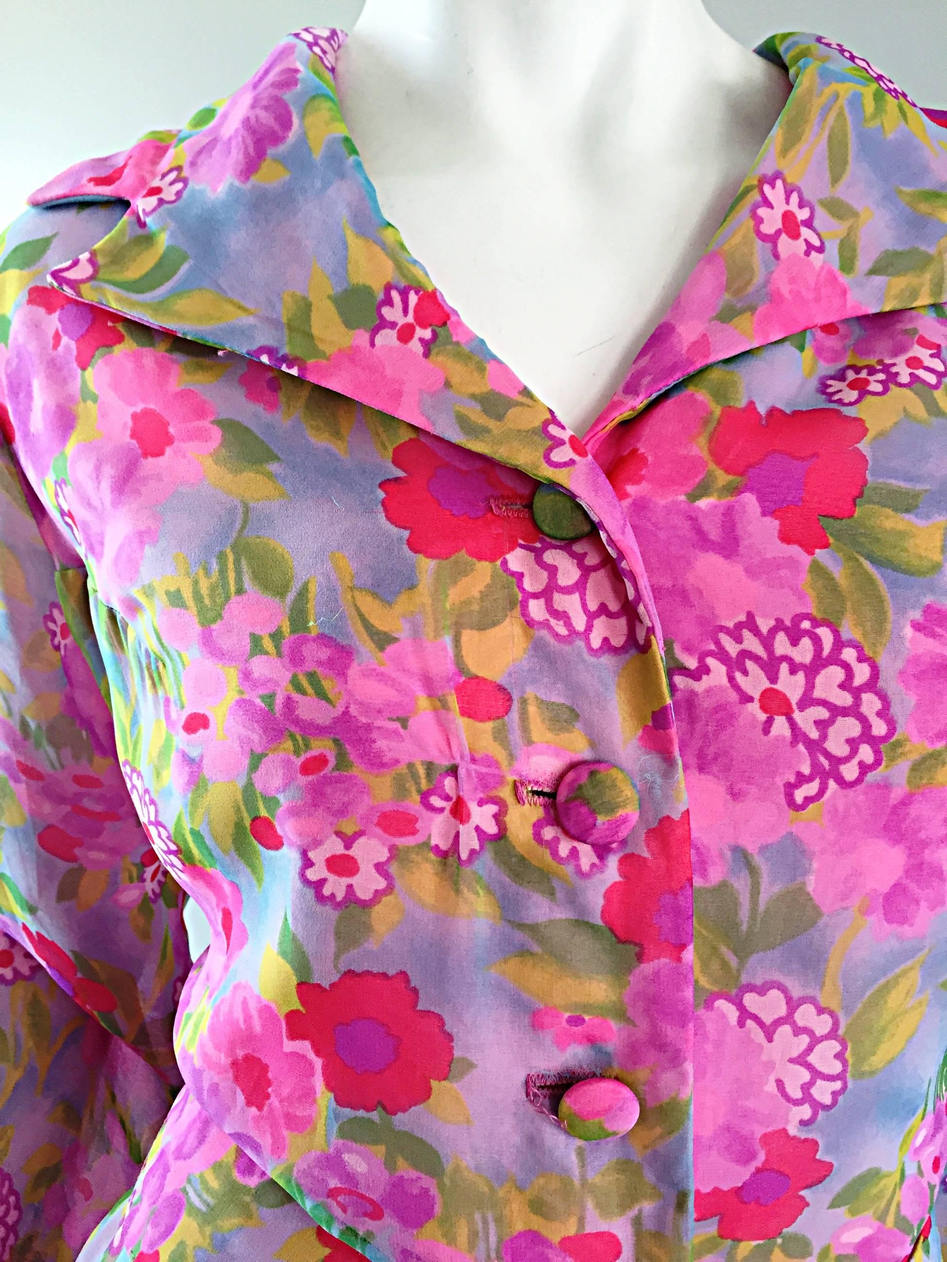 1970s Elliette Lewis Vintage Pink Chiffon Flower Print Belted Long Sleeve Dress 2