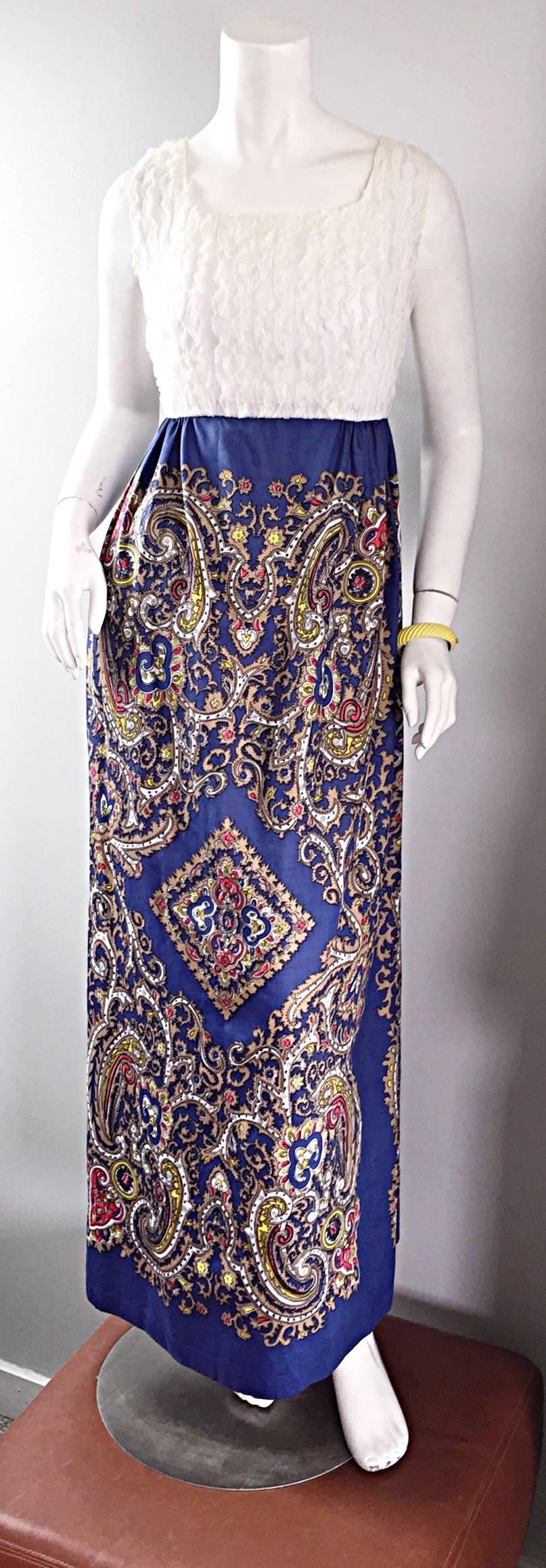 1970s White Silk Lace + Blue Cotton Intricate Paisley Jewel Boho 70s Maxi Dress  For Sale 5