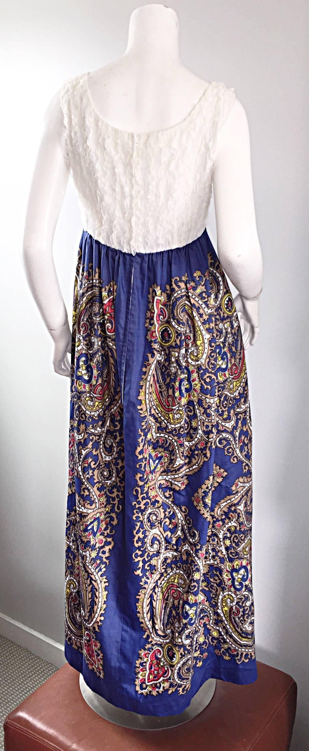 1970s White Silk Lace + Blue Cotton Intricate Paisley Jewel Boho 70s Maxi Dress For Sale 4