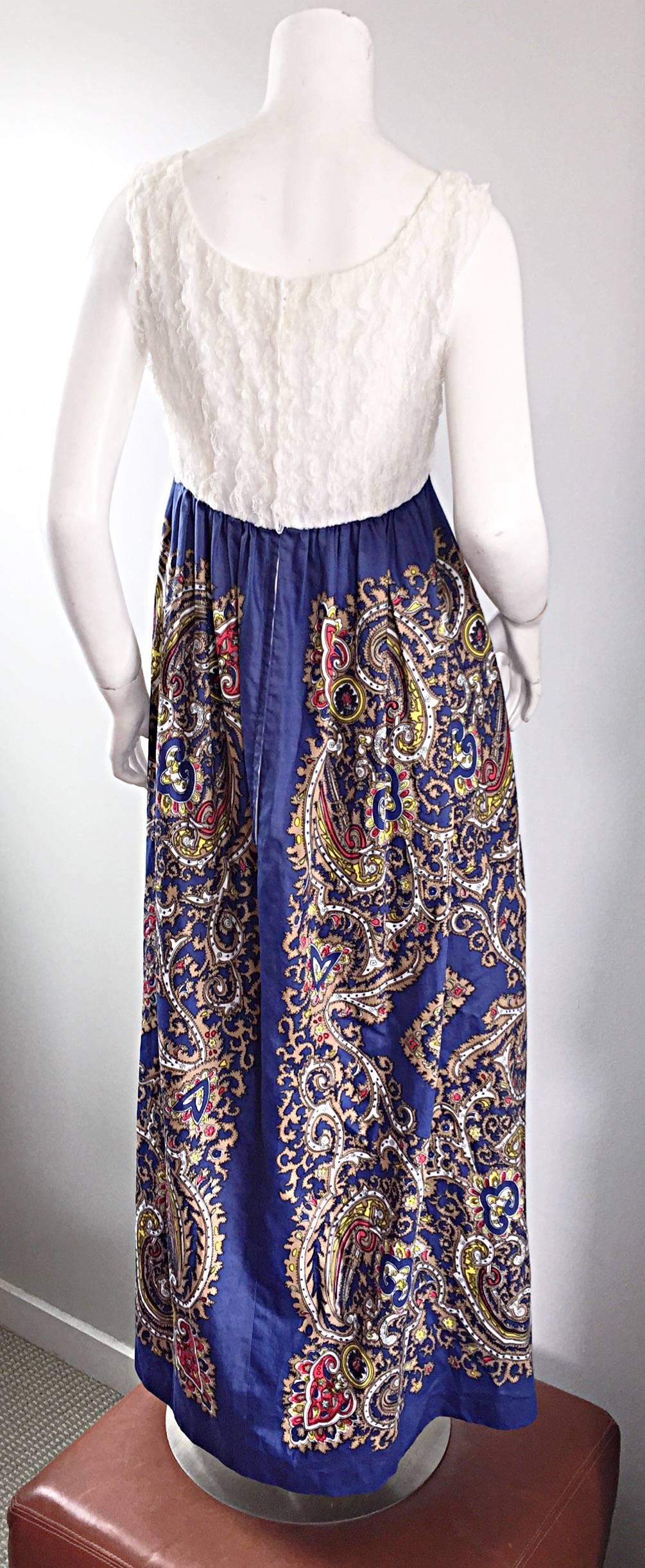 1970s White Silk Lace + Blue Cotton Intricate Paisley Jewel Boho 70s Maxi Dress  For Sale 4