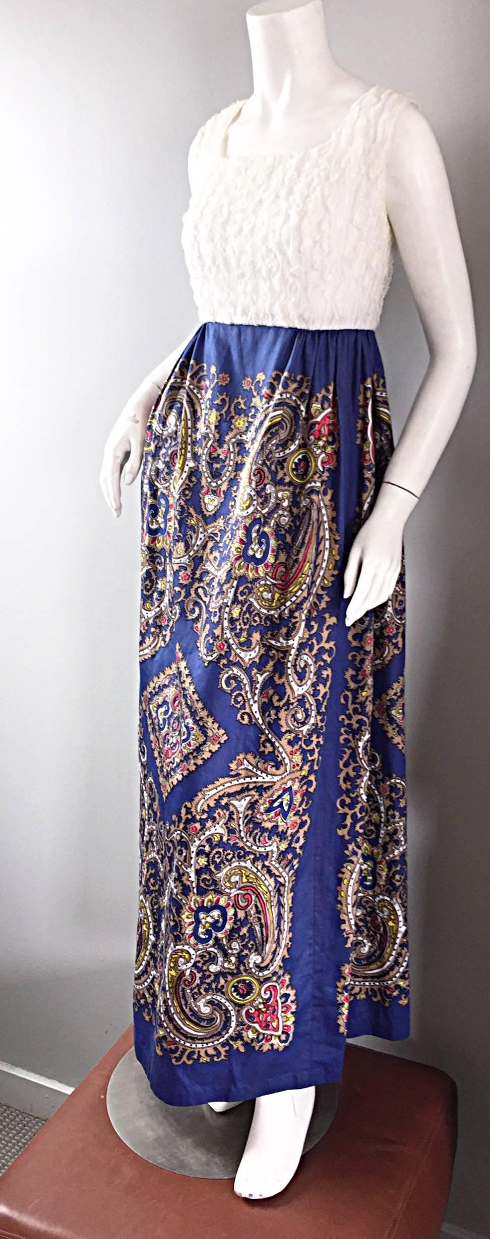 Women's 1970s White Silk Lace + Blue Cotton Intricate Paisley Jewel Boho 70s Maxi Dress  For Sale