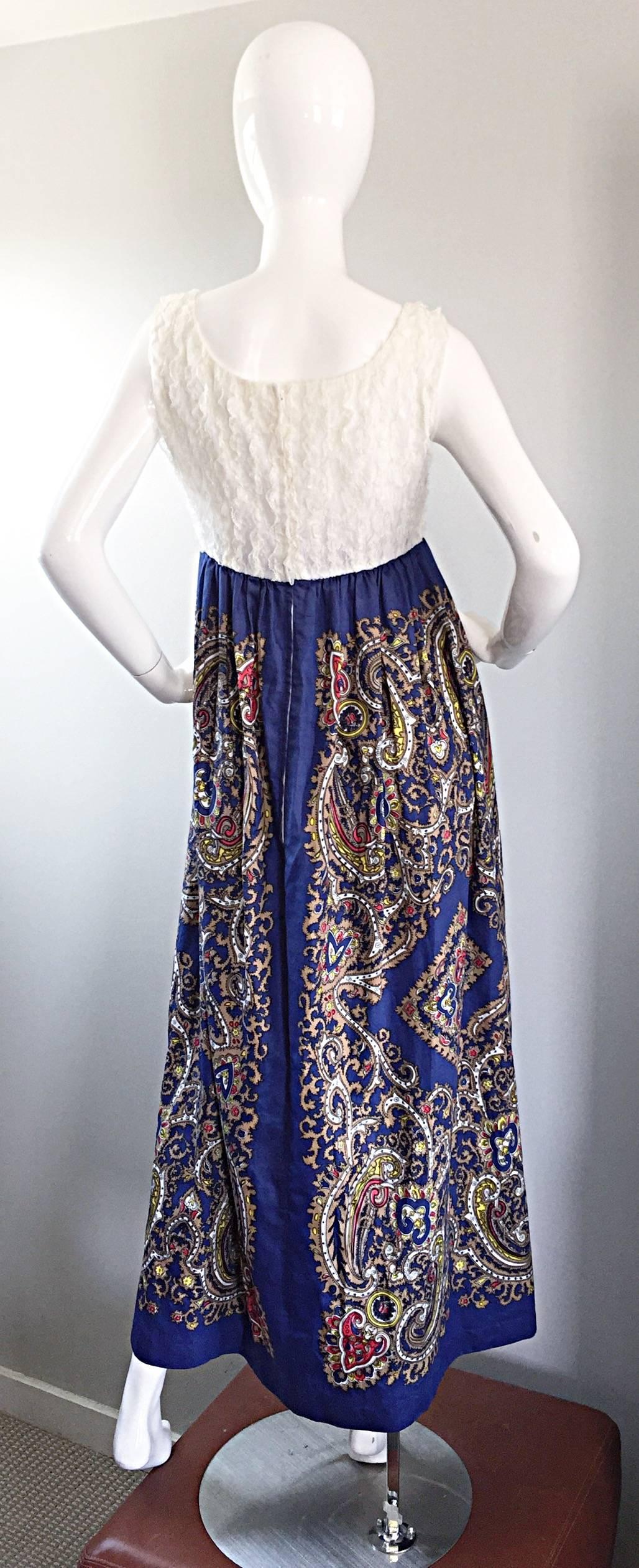 1970s White Silk Lace + Blue Cotton Intricate Paisley Jewel Boho 70s Maxi Dress  In Excellent Condition For Sale In San Diego, CA