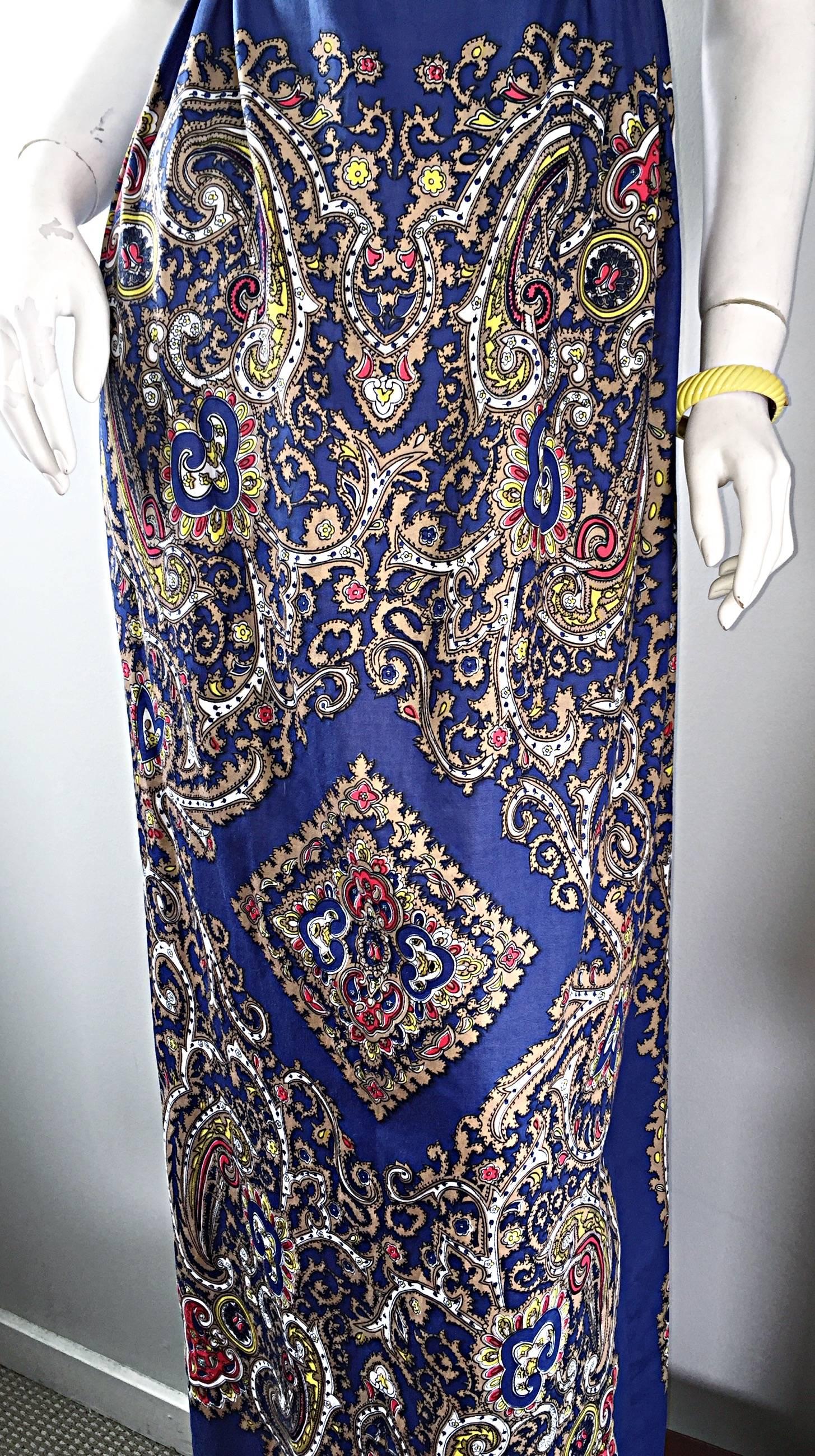 1970s White Silk Lace + Blue Cotton Intricate Paisley Jewel Boho 70s Maxi Dress  For Sale 1