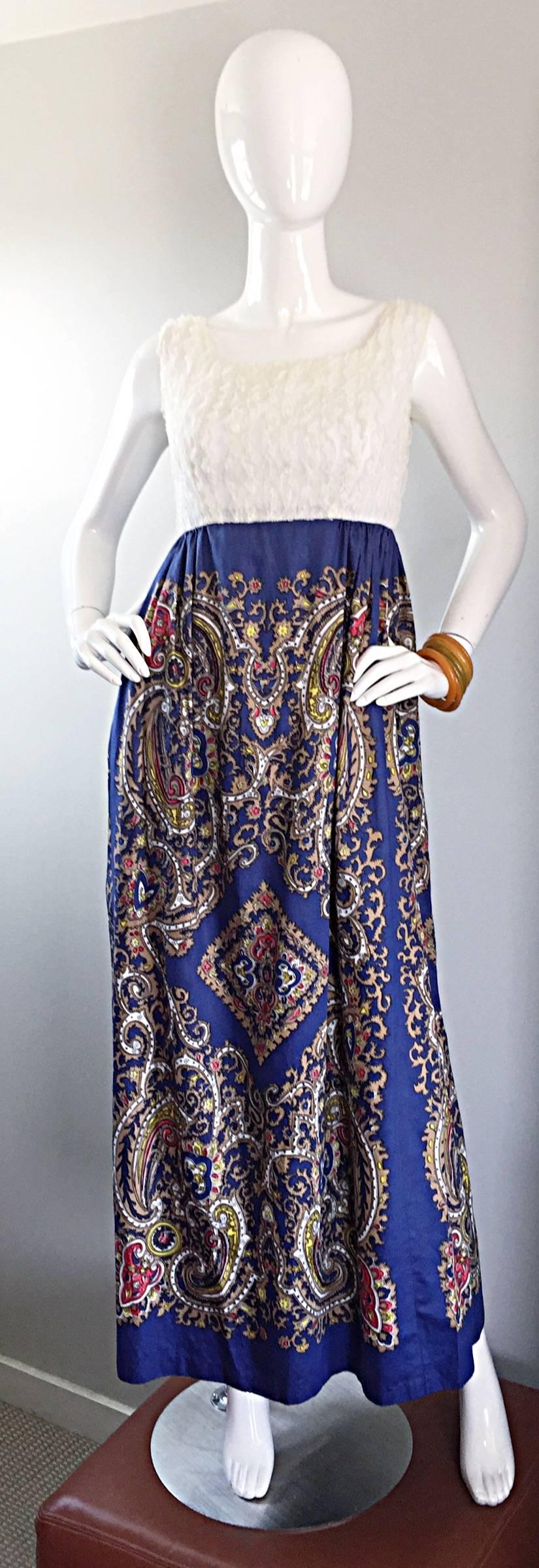 1970s White Silk Lace + Blue Cotton Intricate Paisley Jewel Boho 70s Maxi Dress  For Sale 2