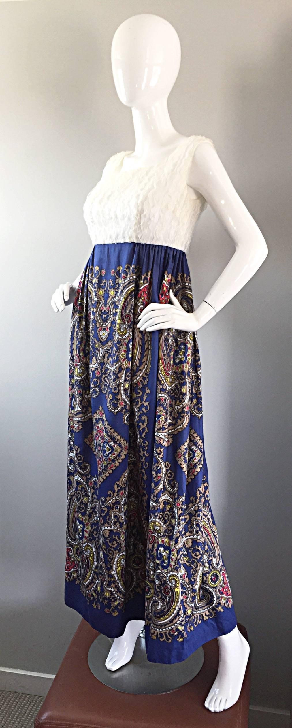1970s White Silk Lace + Blue Cotton Intricate Paisley Jewel Boho 70s Maxi Dress For Sale 3