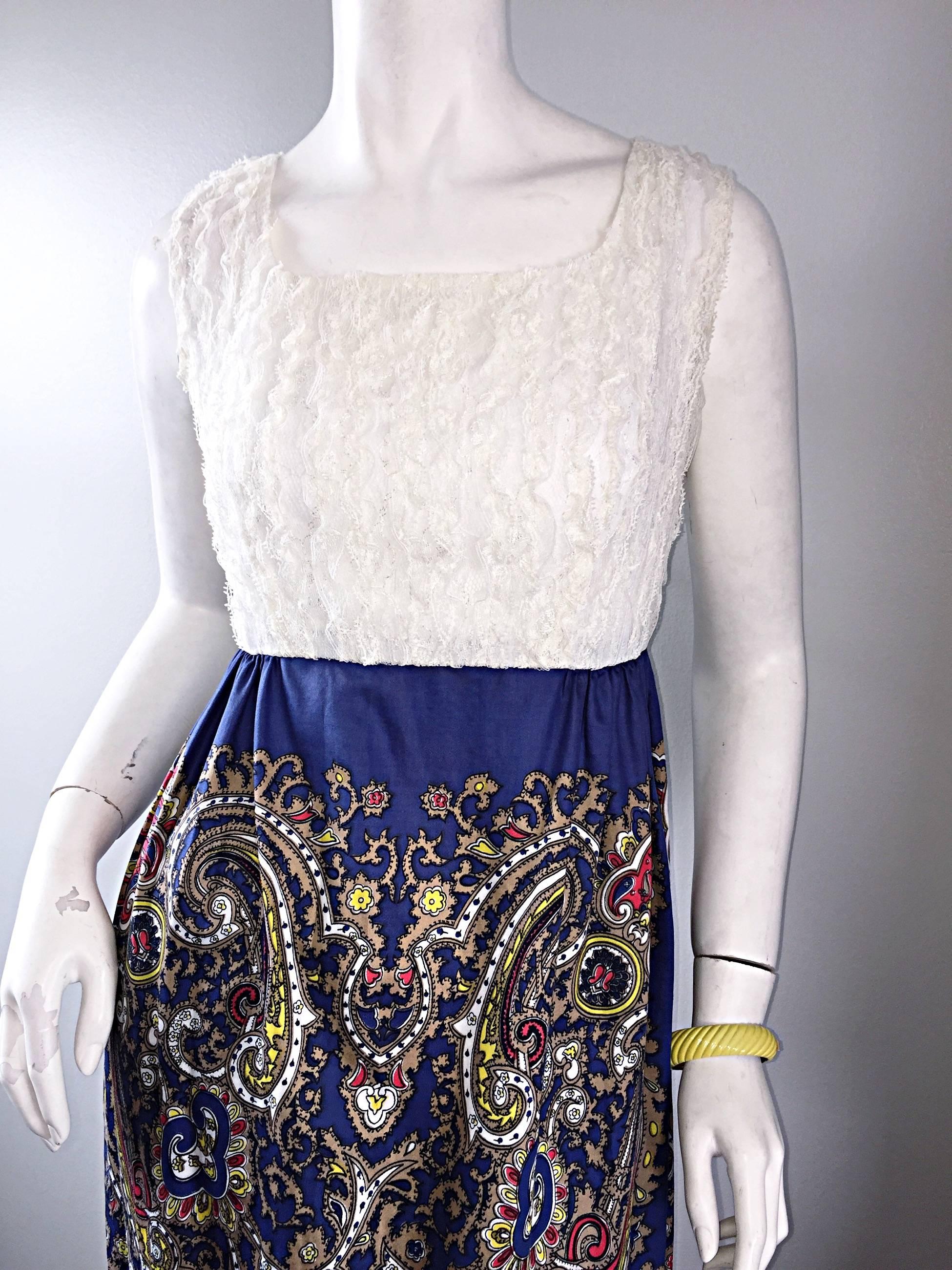 Gray 1970s White Silk Lace + Blue Cotton Intricate Paisley Jewel Boho 70s Maxi Dress  For Sale