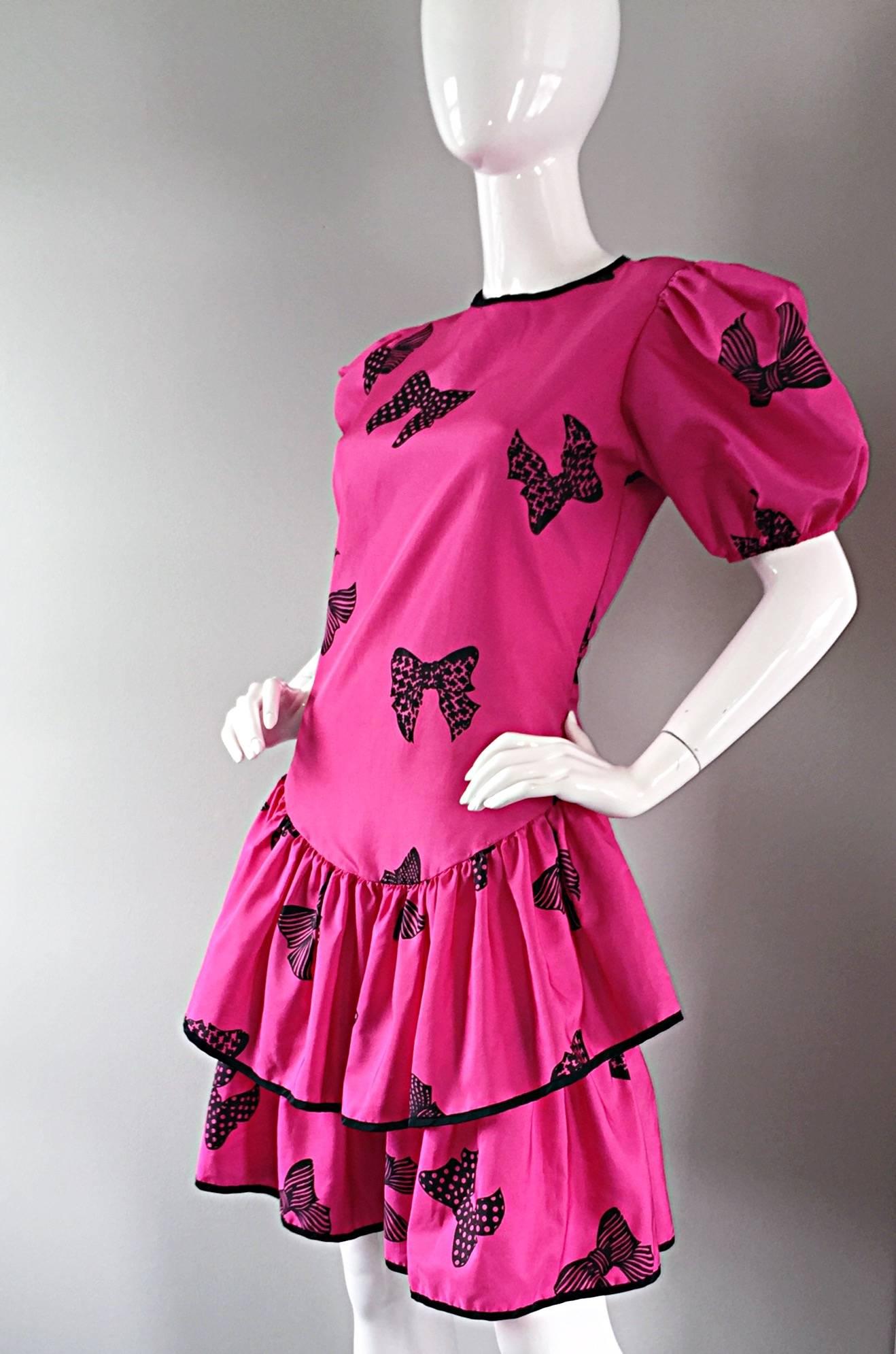 Women's Rare 80s Betsey Johnson Punk Label Hot Pink + Black Bow Print Novelty Dress