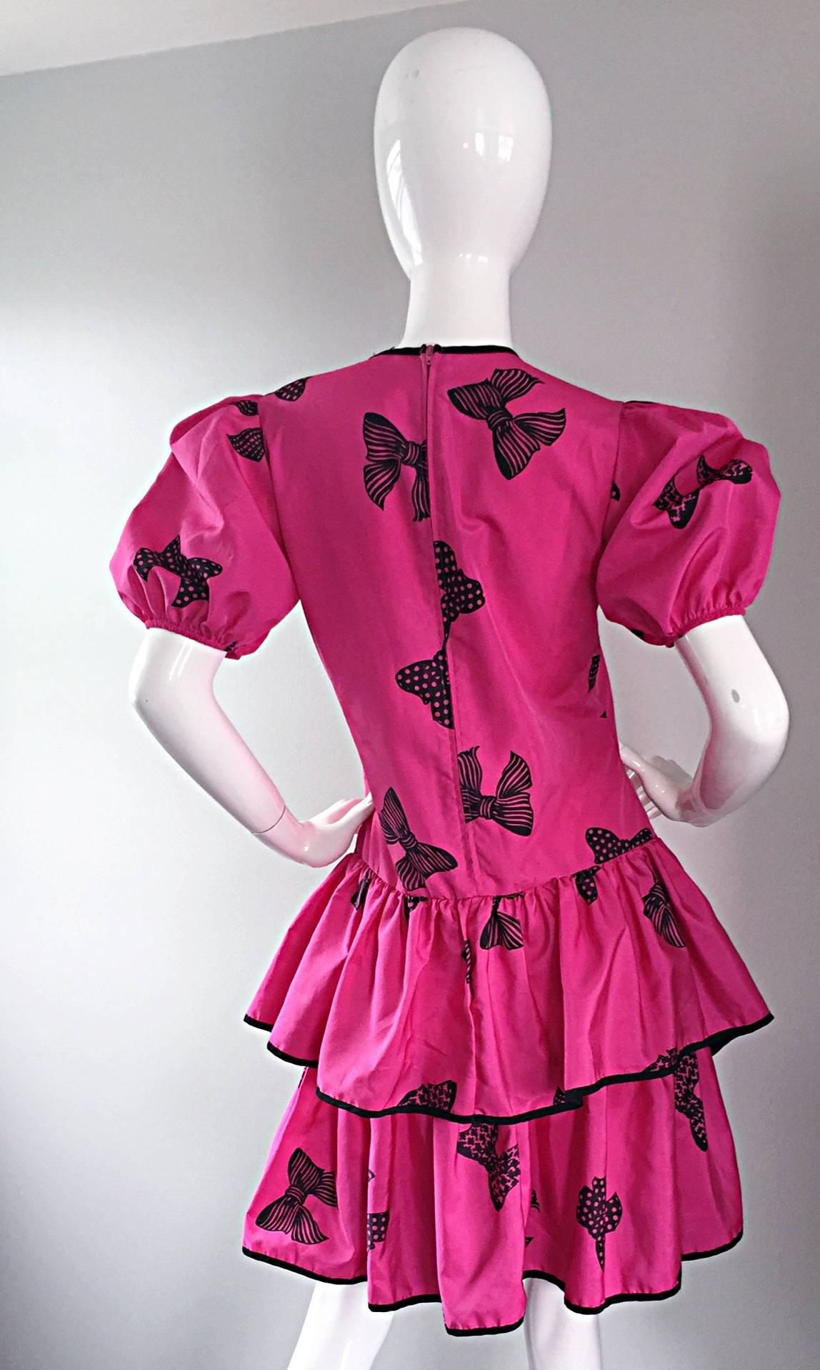 Rare 80s Betsey Johnson Punk Label Hot Pink + Black Bow Print Novelty Dress 1