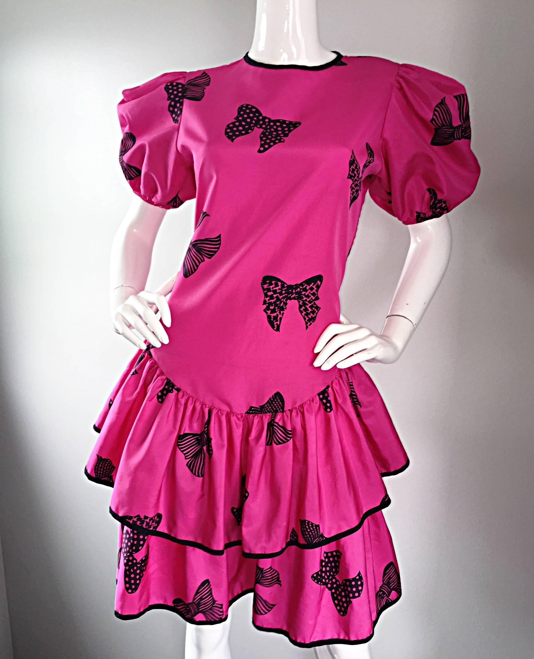 Rare 80s Betsey Johnson Punk Label Hot Pink + Black Bow Print Novelty Dress 2
