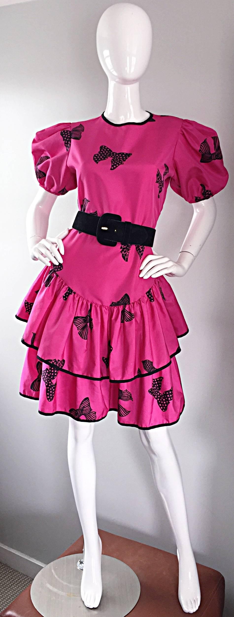Rare 80s Betsey Johnson Punk Label Hot Pink + Black Bow Print Novelty Dress 3