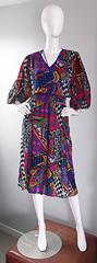 1980s Diane Freis Vintage Op - Art Psychedelic Colorful Boho Mixed Media Dress