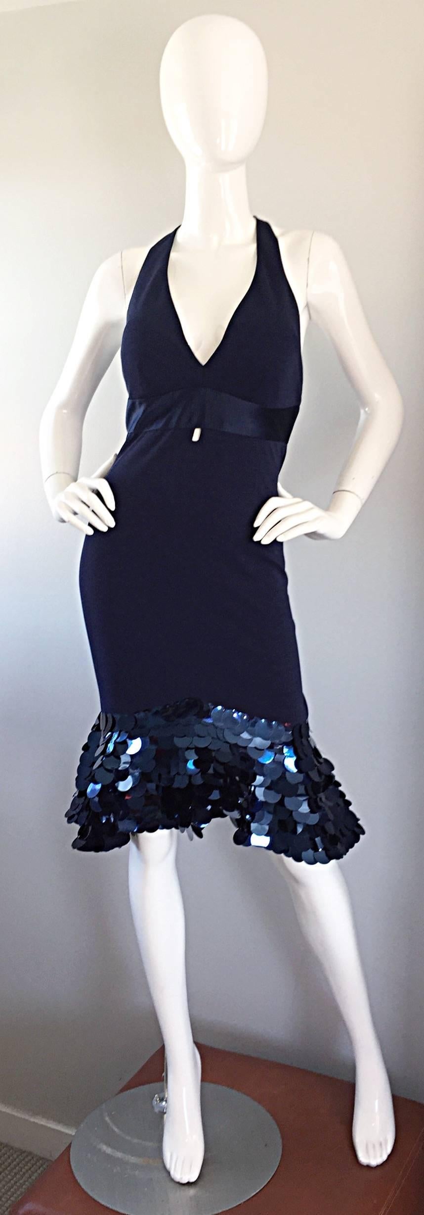 Sexy, yet sophisticated CD GREENE Couture navy blue silk jersey halter dress with paillette / sequined mermaid flared hem! One of a kind piece retailed for $7,500 at Bergdorf Goodman NYC. Bergdorf only offers one of each of these handmade beauties,