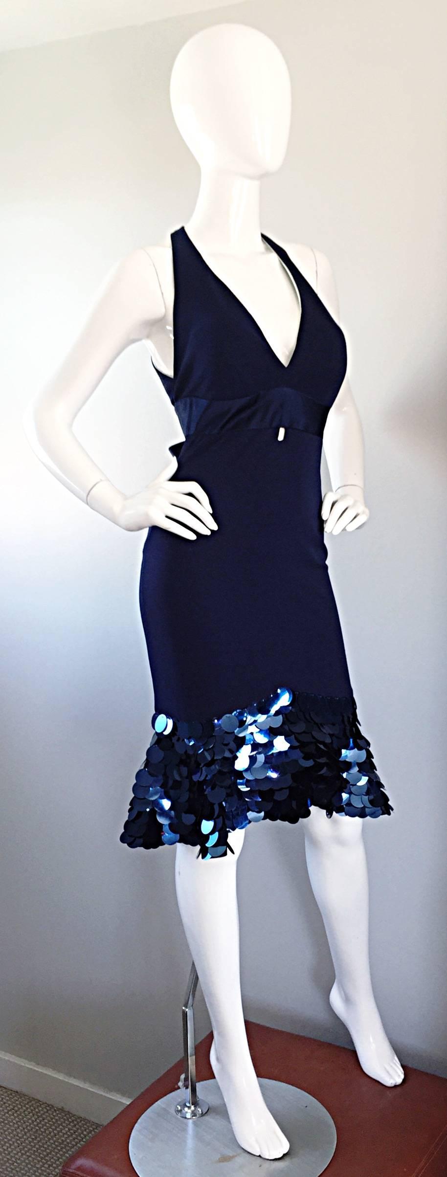 Women's CD Greene Couture 2000s Navy Blue Silk Jersey Paillette Mermaid Dress For Sale