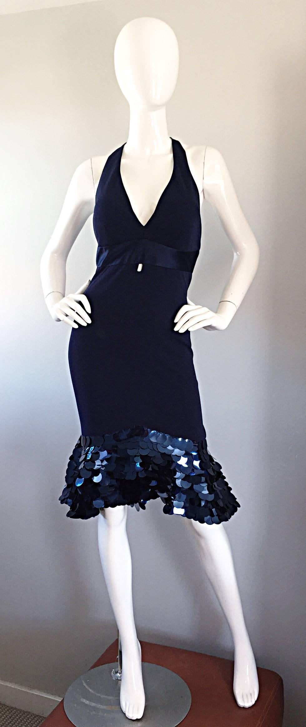 CD Greene Couture 2000s Navy Blue Silk Jersey Paillette Mermaid Dress For Sale 3