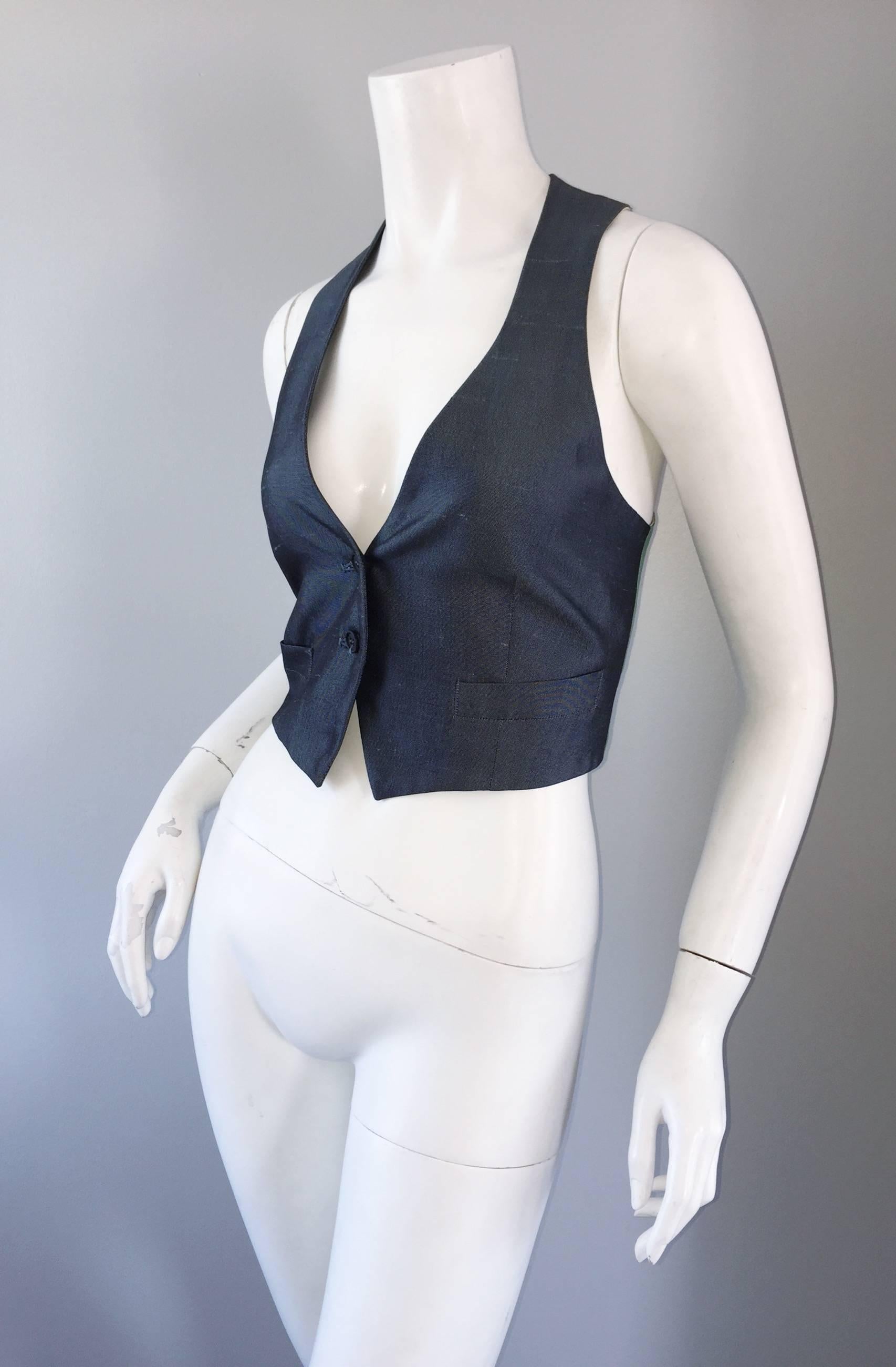 Women's Romeo Gigli Vintage 1990s Blue Grey Silk 90s Fitted Cropped Waistcoat Vest