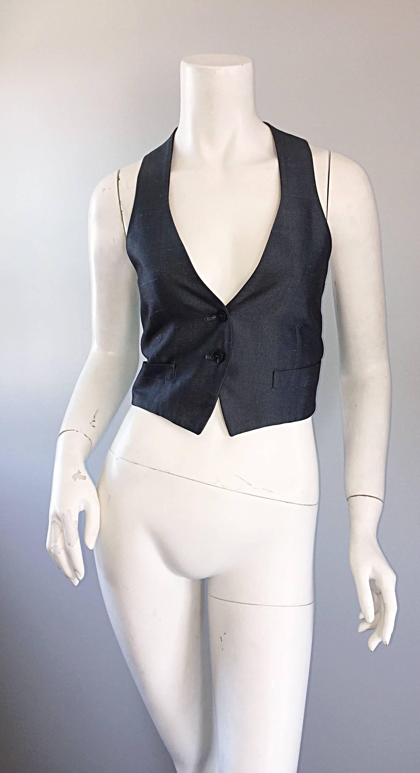 Romeo Gigli Vintage 1990s Blue Grey Silk 90s Fitted Cropped Waistcoat Vest 1