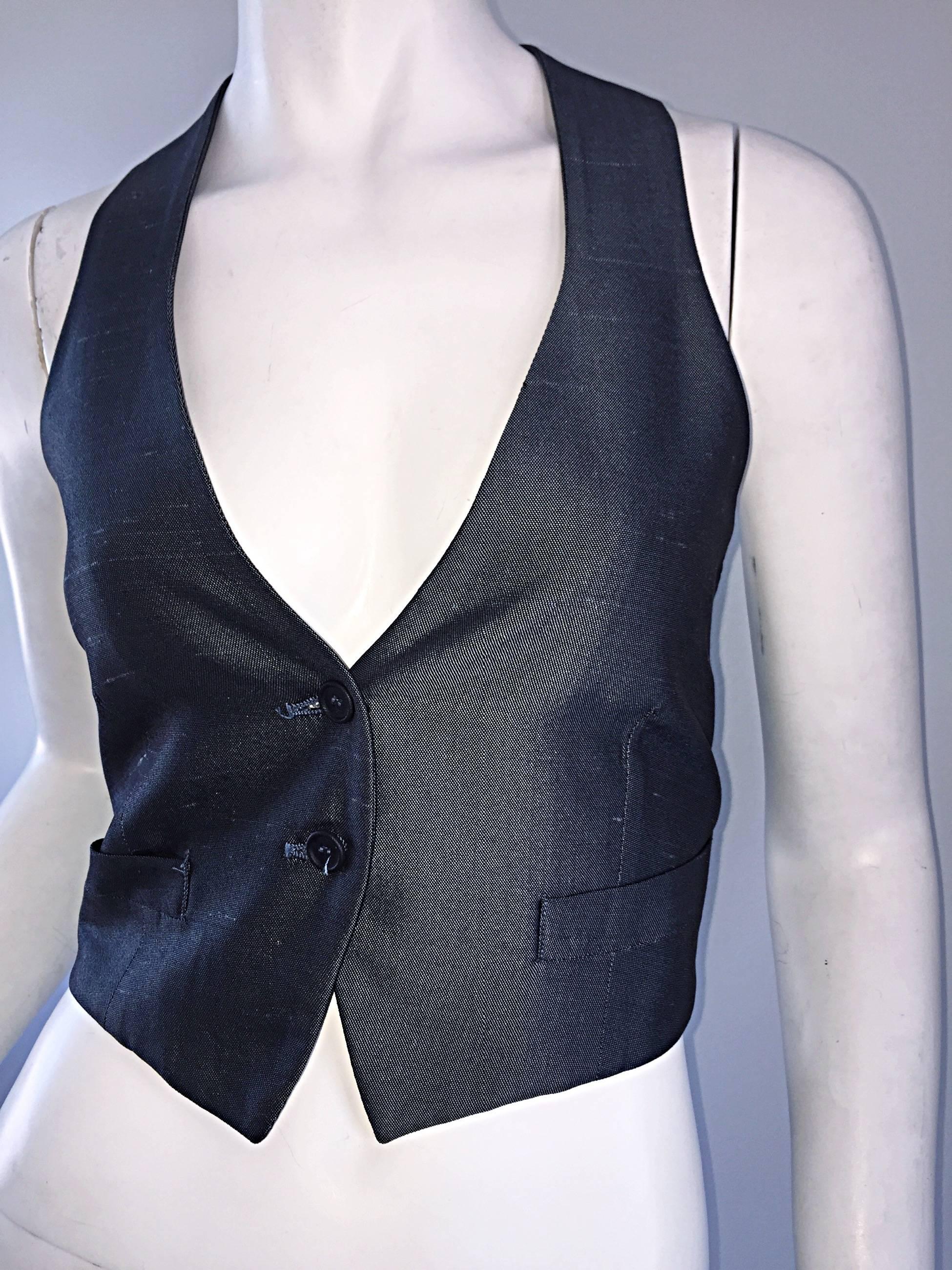 Romeo Gigli Vintage 1990s Blue Grey Silk 90s Fitted Cropped Waistcoat Vest In Excellent Condition In San Diego, CA