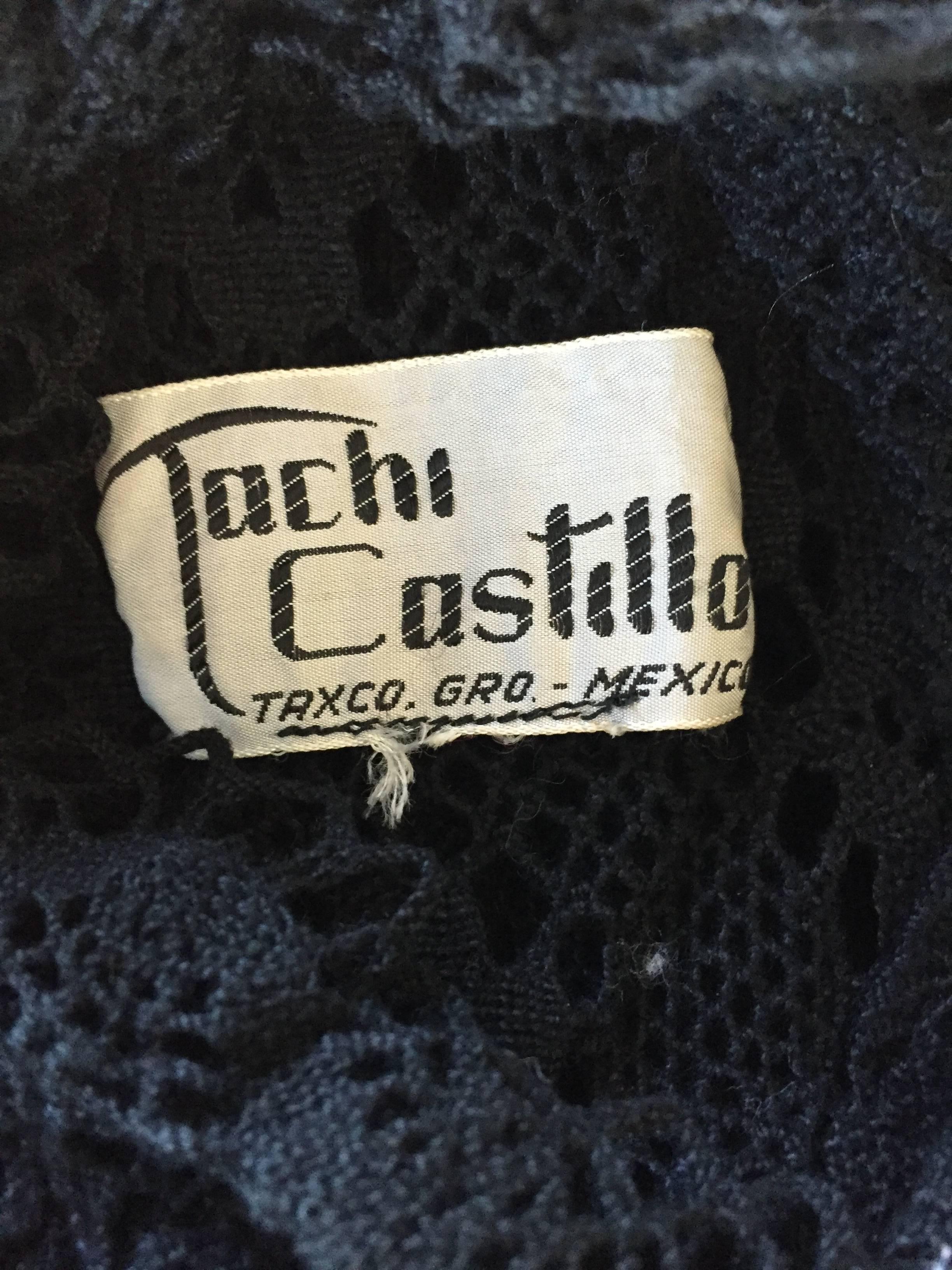 Vintage Tachi Castillo Mexican Hand Crochet Cotton 1970s 70s Black Caftan Dress 6