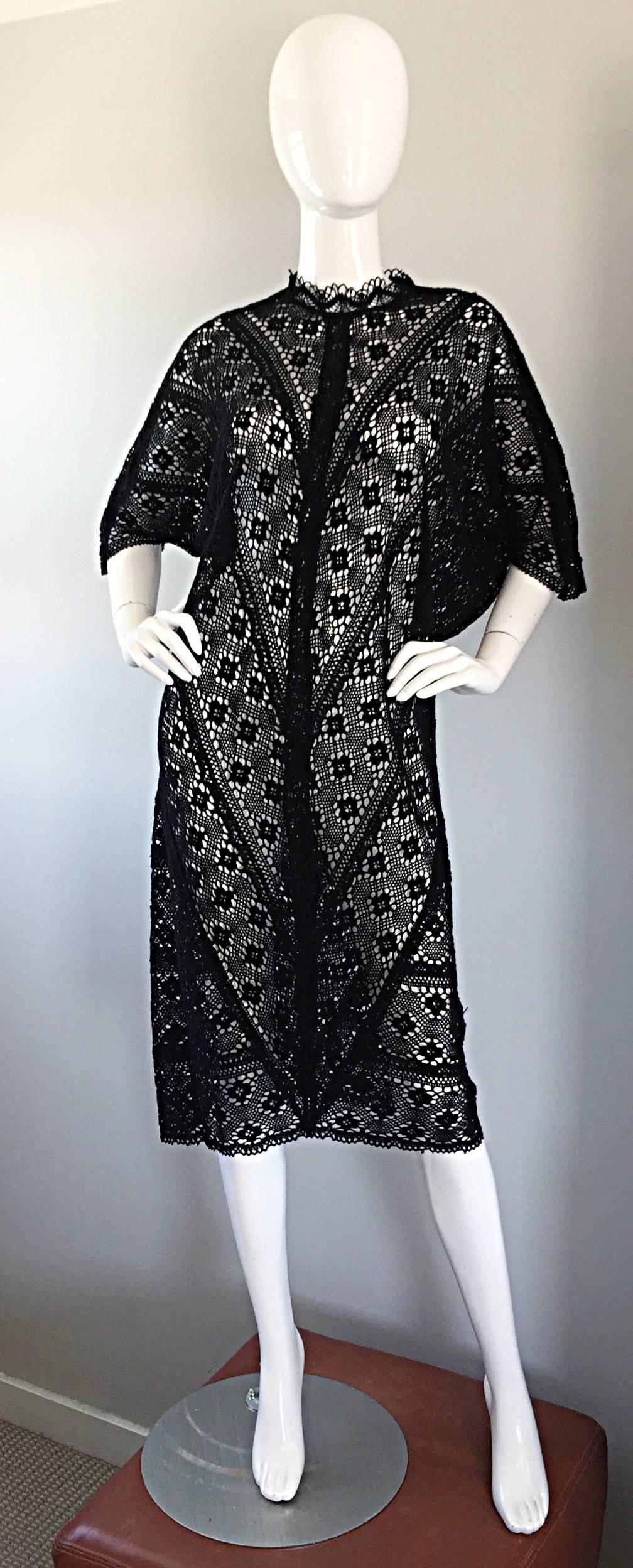 Wonderful and rare 1970s TACHI CASTILLO Taxco black hand crochet / embroidered kaftan! I have had the pleasure of owning several Tachi Castillo pieces, but this is hands down the most amazing! Tachi was well known in Mexico for her impeccable