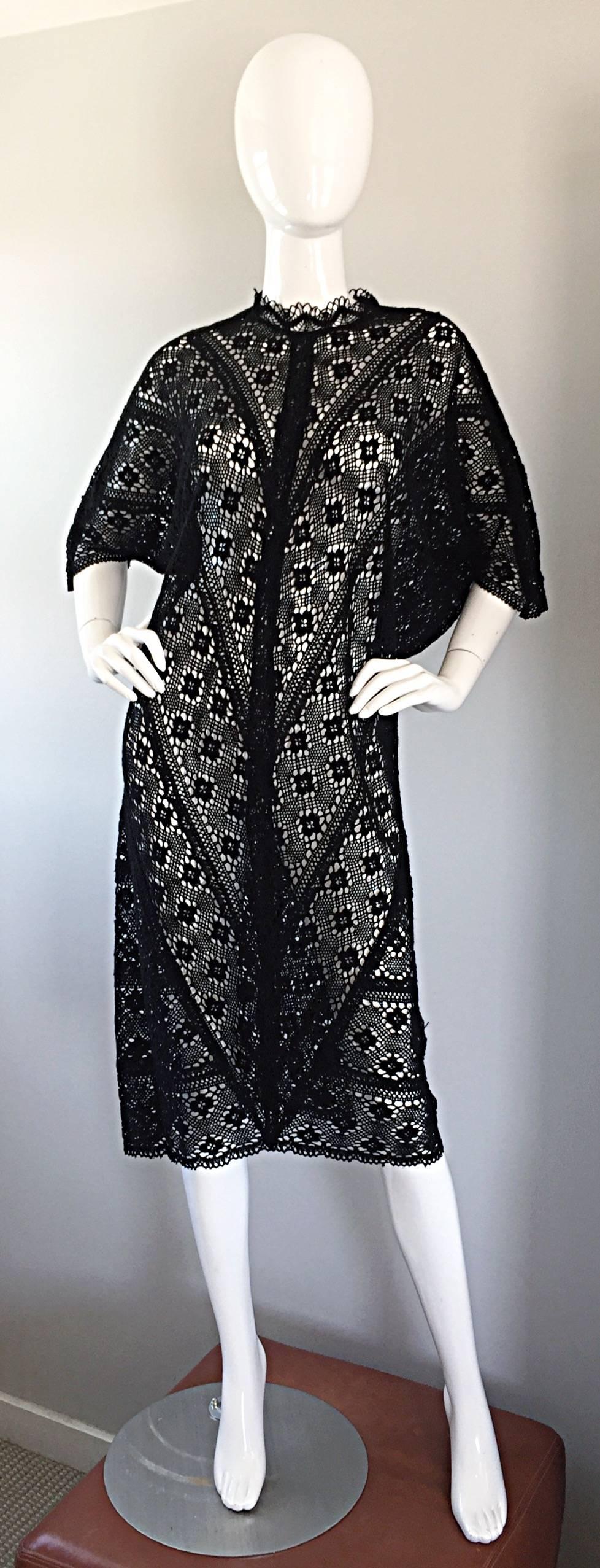 Vintage Tachi Castillo Mexican Hand Crochet Cotton 1970s 70s Black Caftan Dress 5