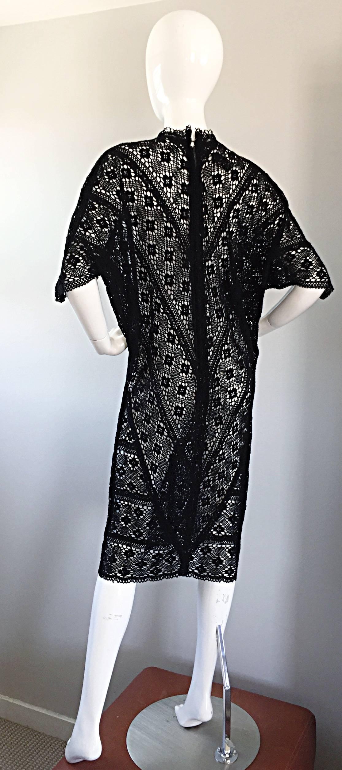 Vintage Tachi Castillo Mexican Hand Crochet Cotton 1970s 70s Black Caftan Dress 1