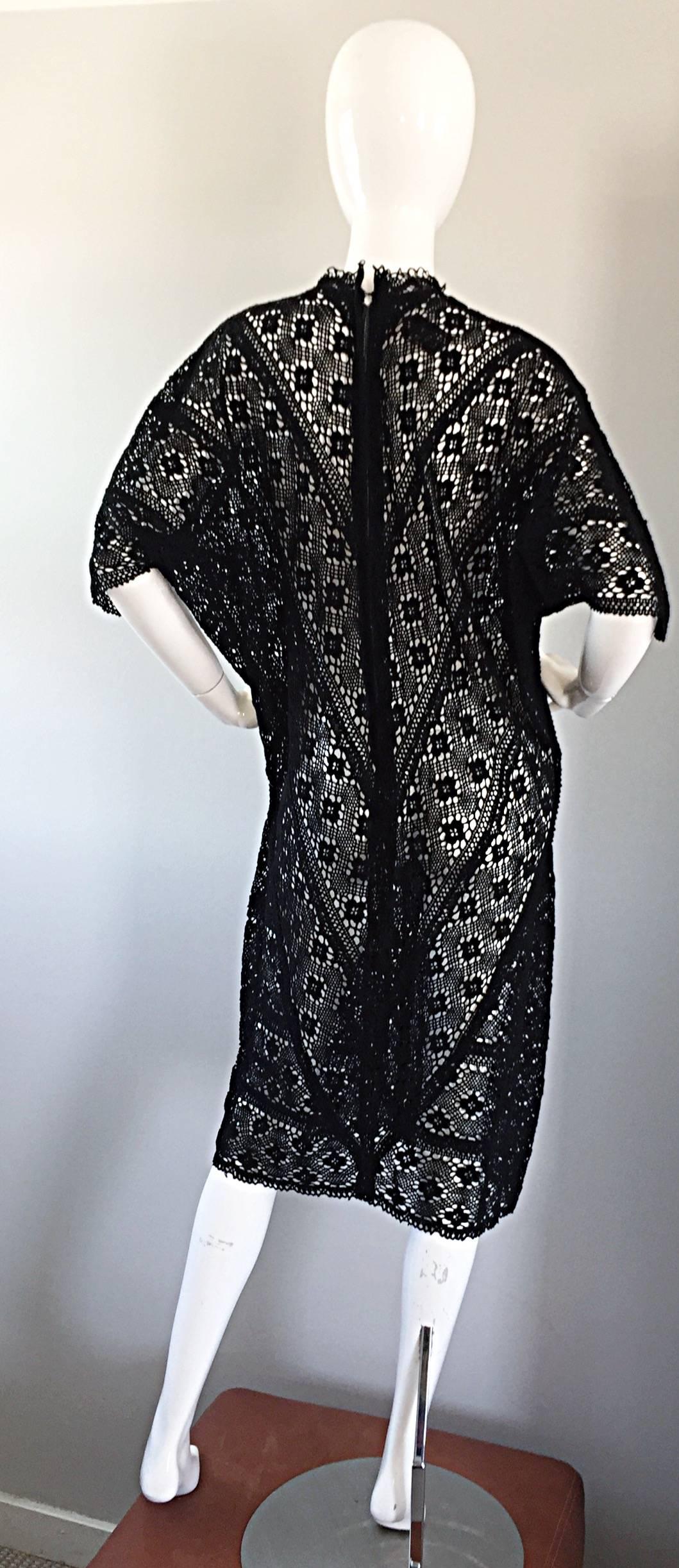 Vintage Tachi Castillo Mexican Hand Crochet Cotton 1970s 70s Black Caftan Dress 4