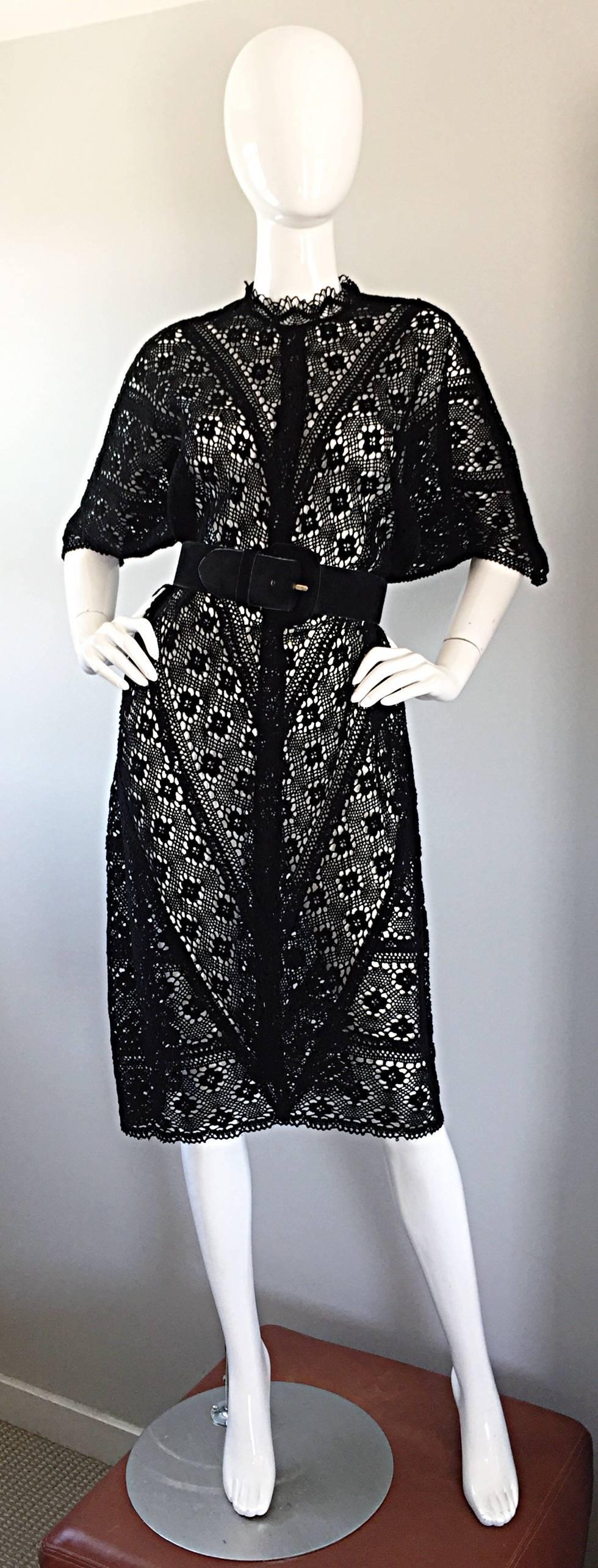 Vintage Tachi Castillo Mexican Hand Crochet Cotton 1970s 70s Black Caftan Dress 2