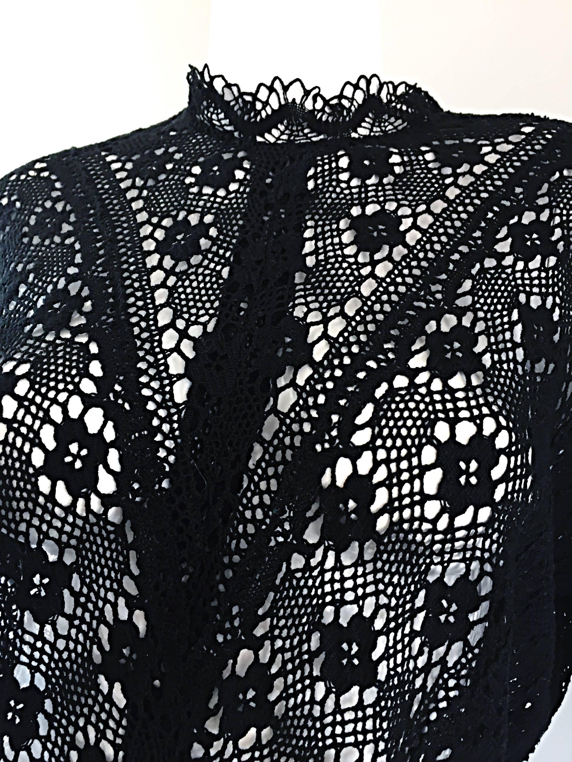 Vintage Tachi Castillo Mexican Hand Crochet Cotton 1970s 70s Black Caftan Dress 3