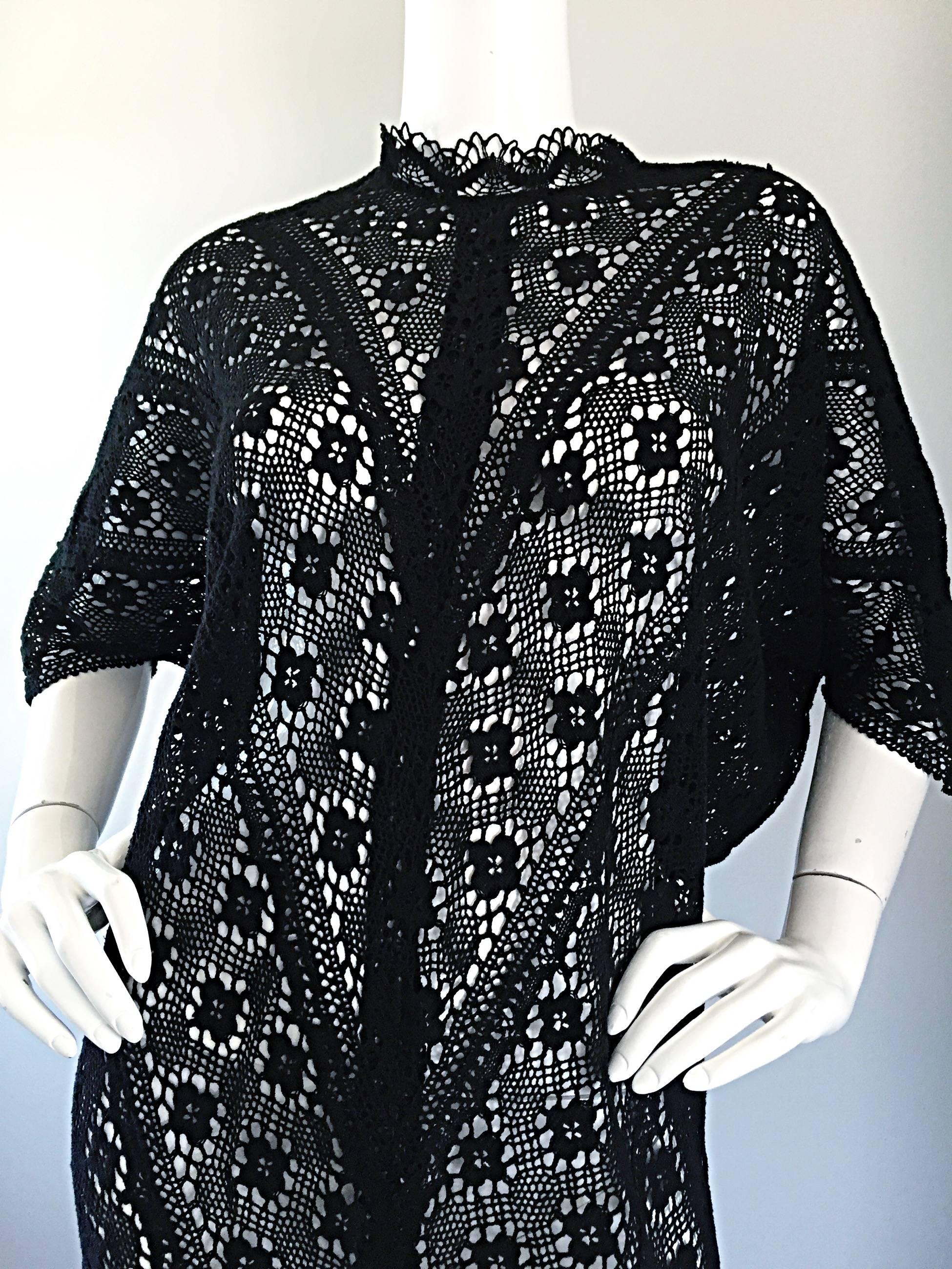 Women's Vintage Tachi Castillo Mexican Hand Crochet Cotton 1970s 70s Black Caftan Dress