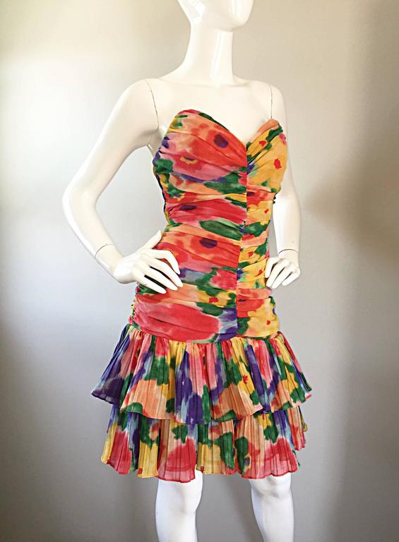 Amazing Vintage 1980s Watercolor Flower Print Strapless Ruched Tiered ...