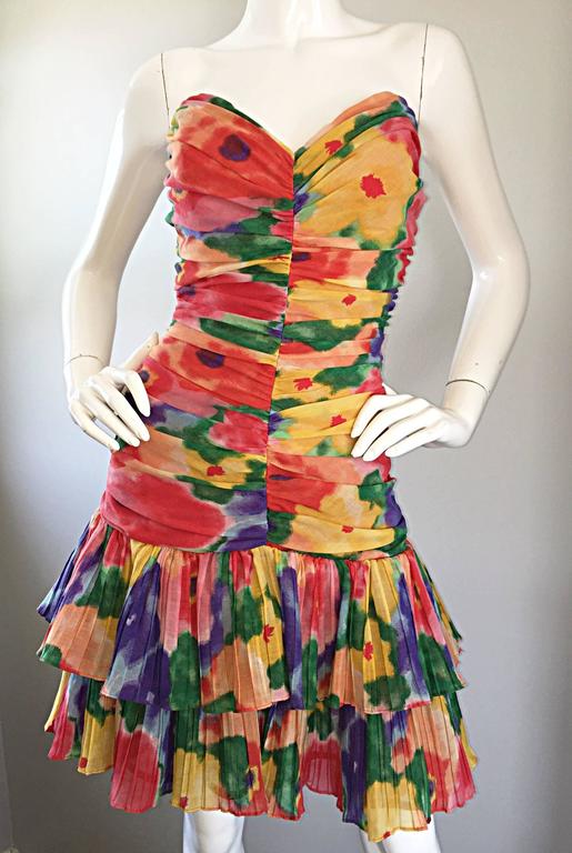 Amazing Vintage 1980s Watercolor Flower Print Strapless Ruched Tiered ...